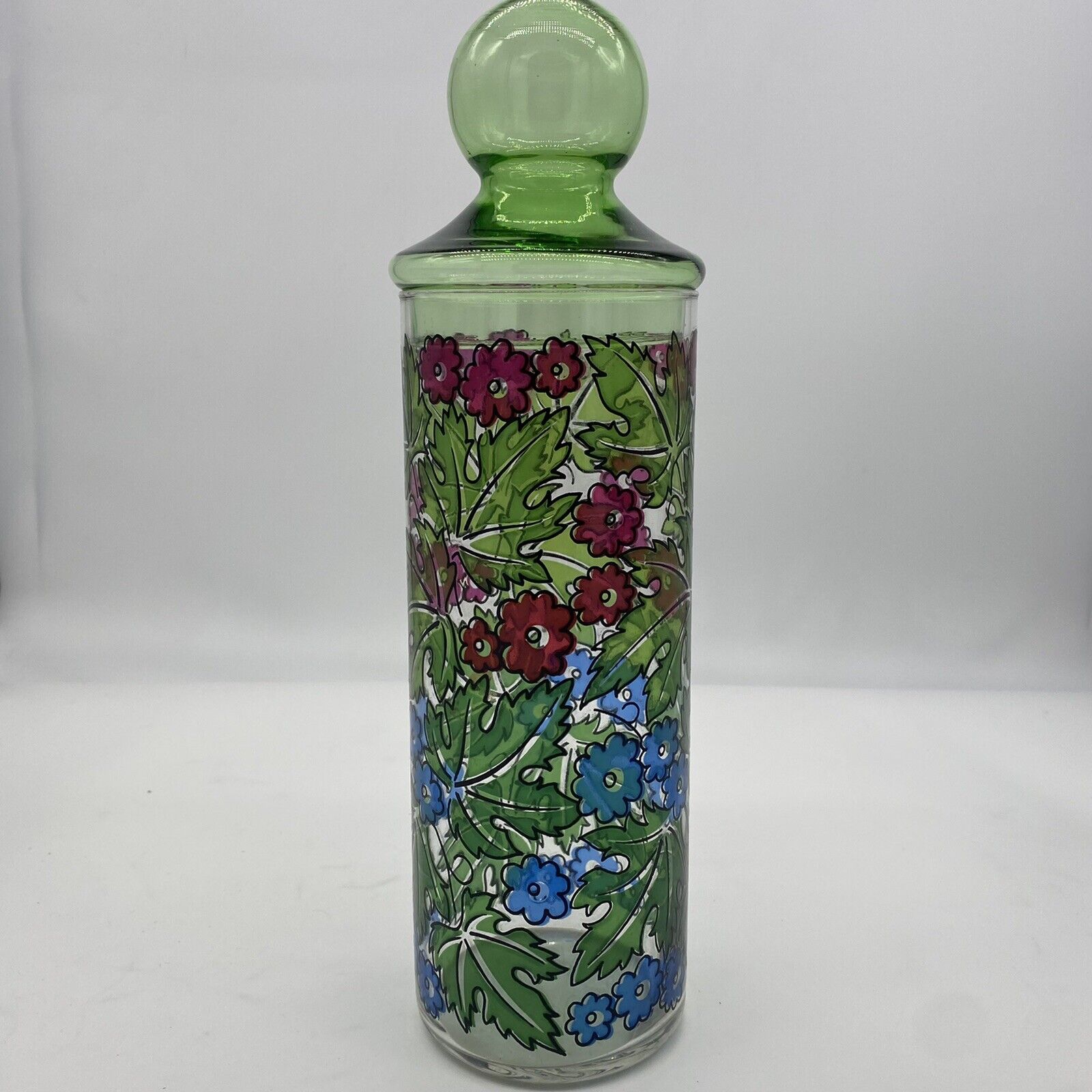 Vintage Floral Apothecary Jar With Green Lid