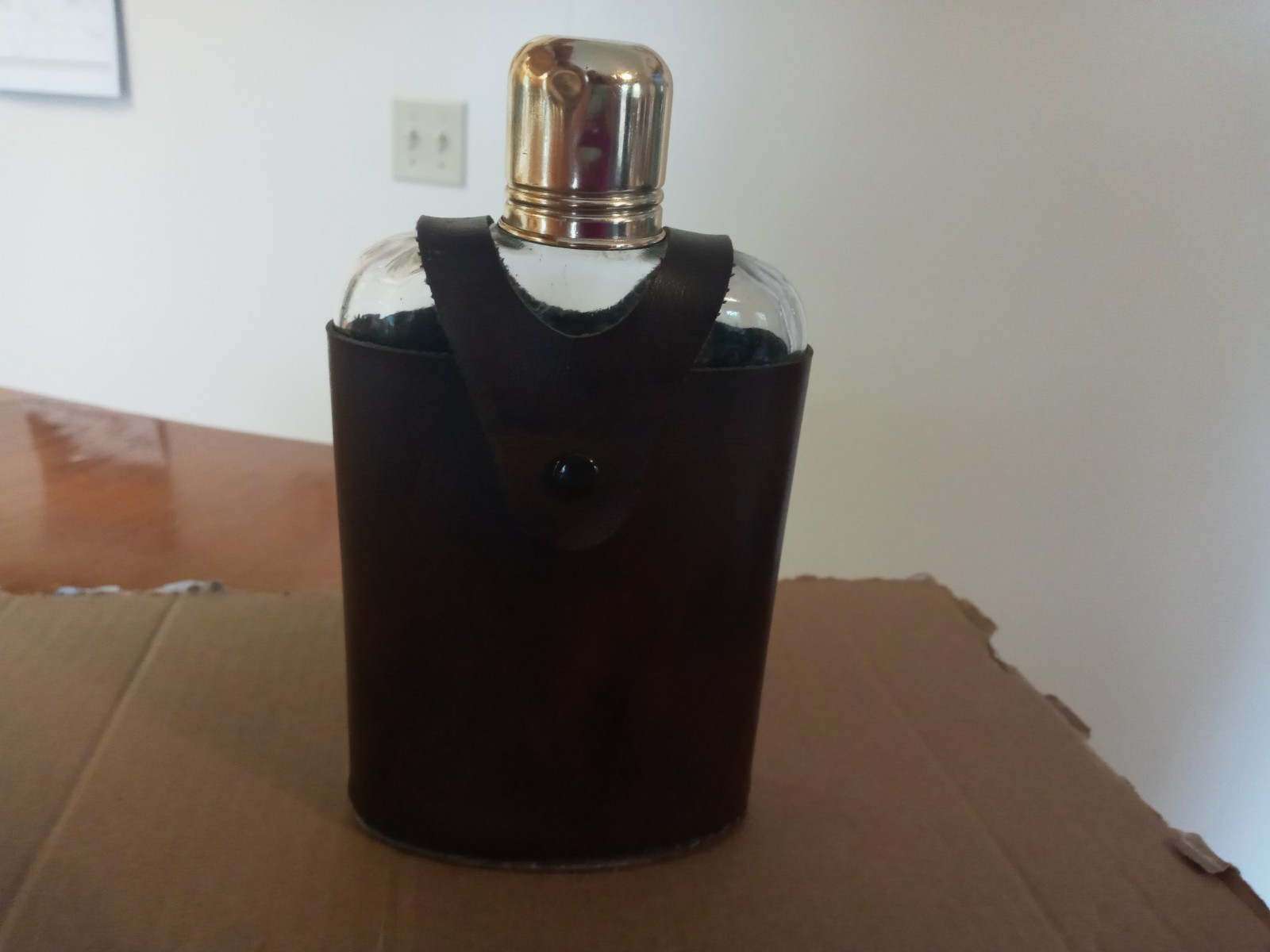 Vintage JC Penney Glass Whiskey Flask with Vinyl Jacket and Gold Cap and Trim