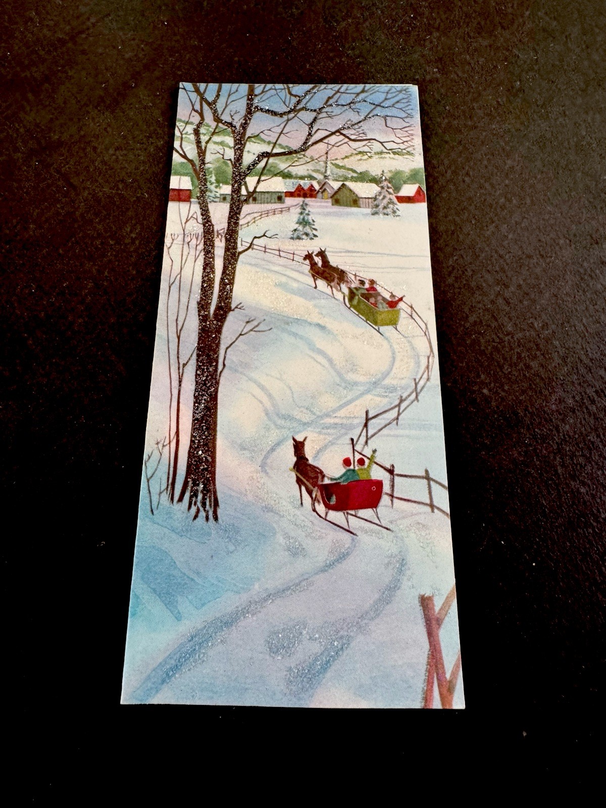 1 VTG Glittered Xmas Greeting Card Heading Home On Open Sleigh Horse Rides In ❄️