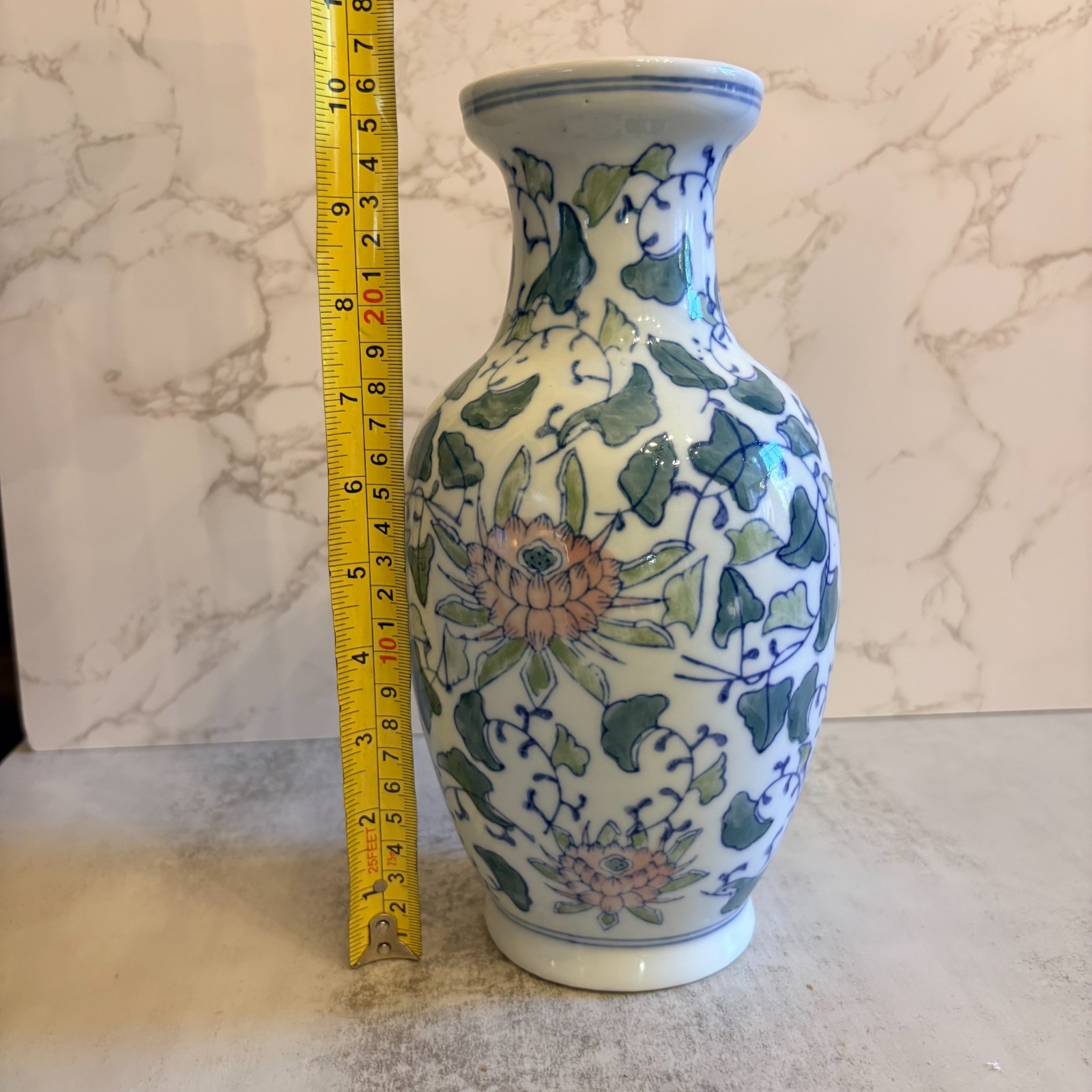 Chinoiserie Porcelain Lotus Flower 10.5” Vase Blue Green Pink Chinese Pastel