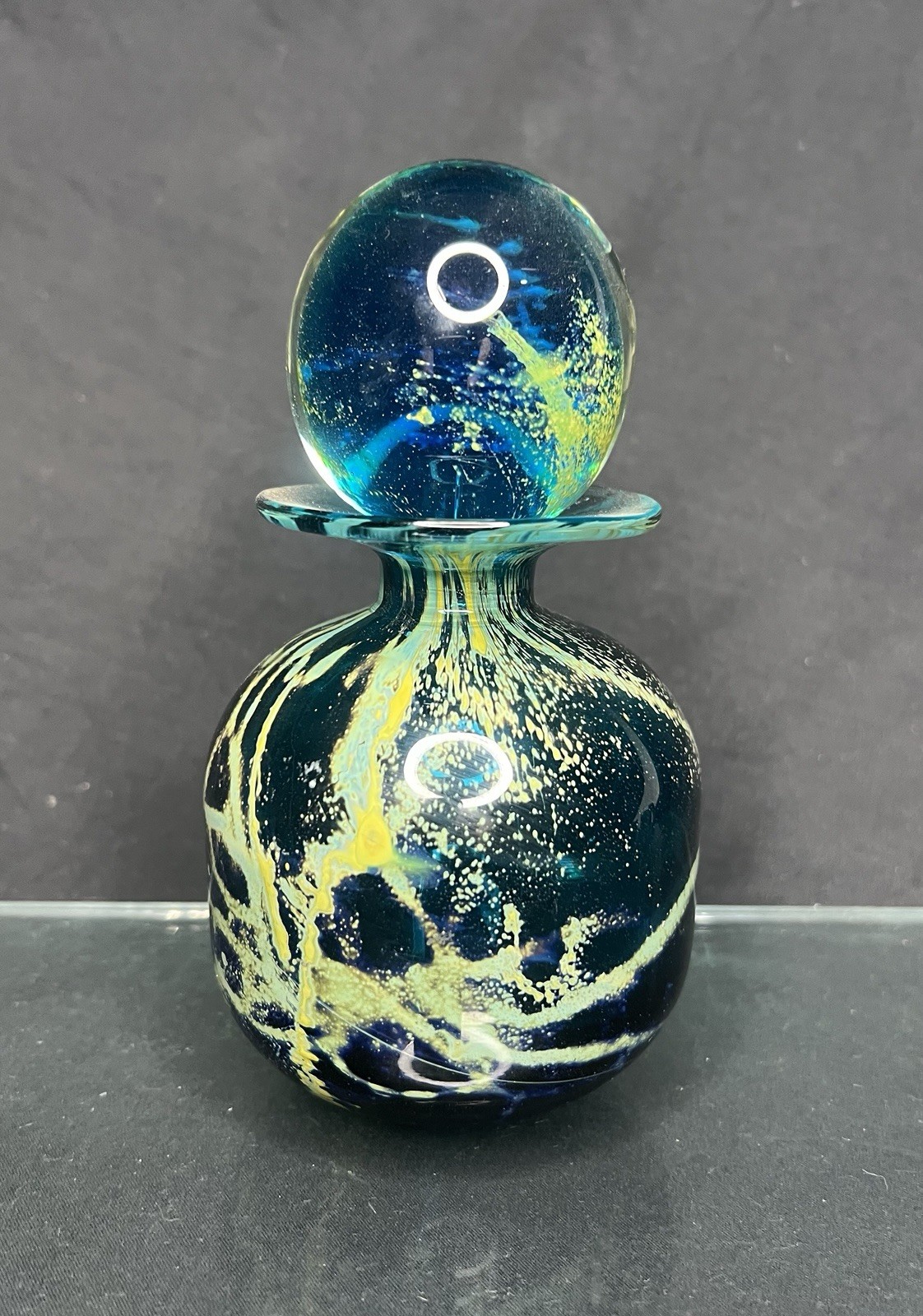 VTG Kosta Boda Sweden Art Glass Perfume Bottle Stopper Signed Blue Yellow Swirl⁠