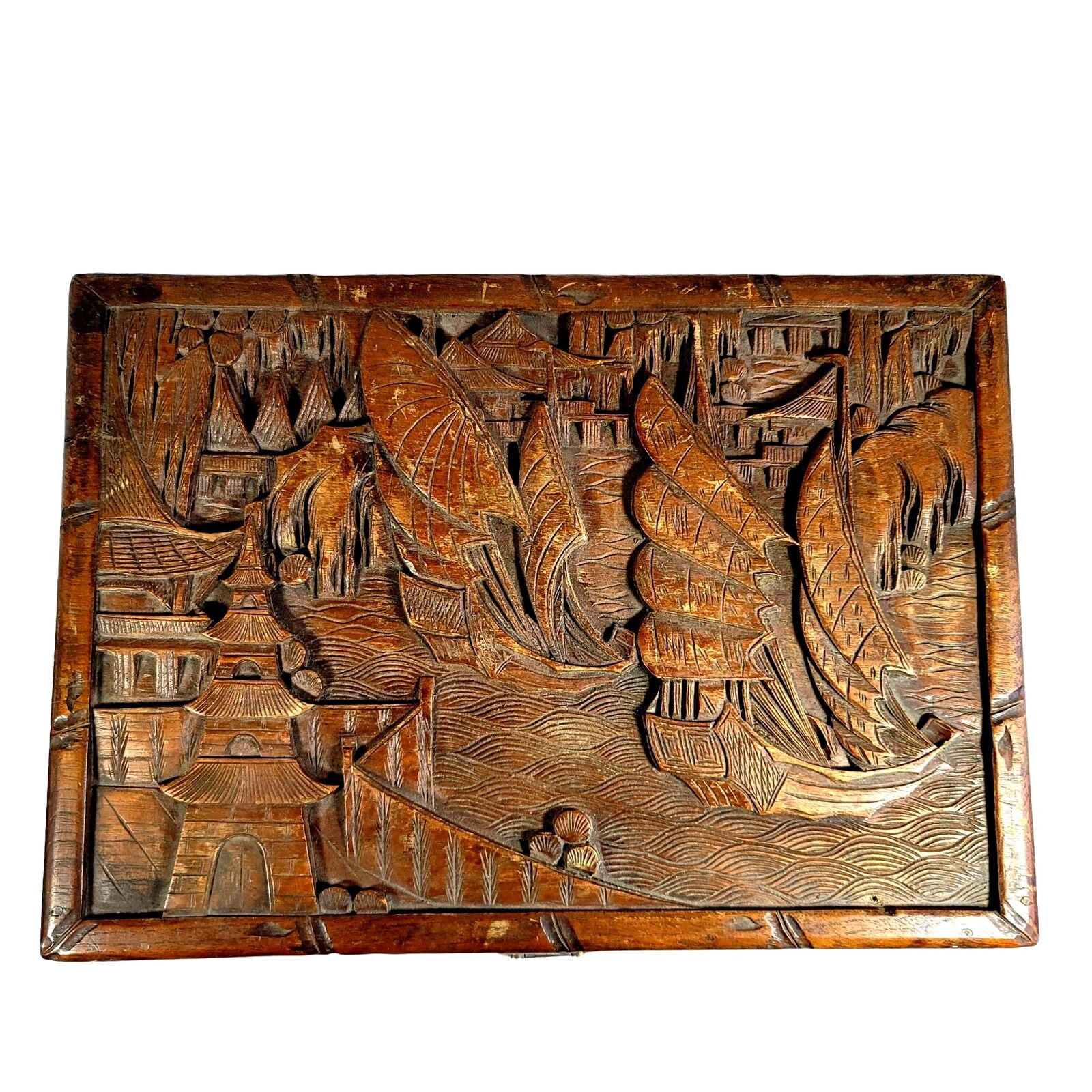 Antique Chinese Hand Carved Wooden Chest Box Nautical Scene + Boats + Temples