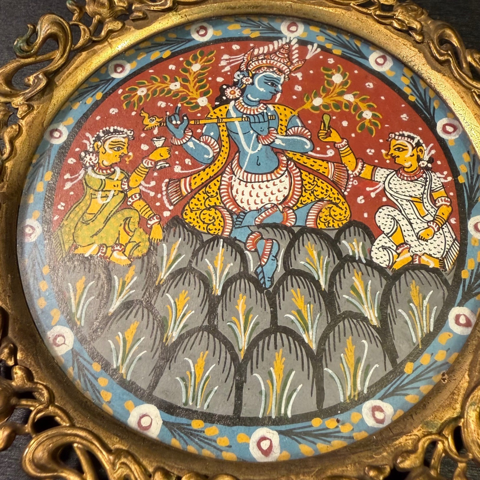 Vintage Hand Painted Indian Miniature Lord Krishna Flute Art Ornate Gold Frame