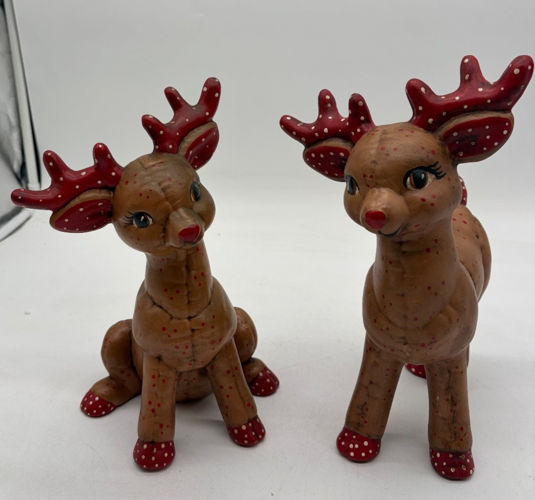 VTG 1986 Kimple Mold Ceramic Reindeer Hand Painted Polka Dot Set 0f 2
