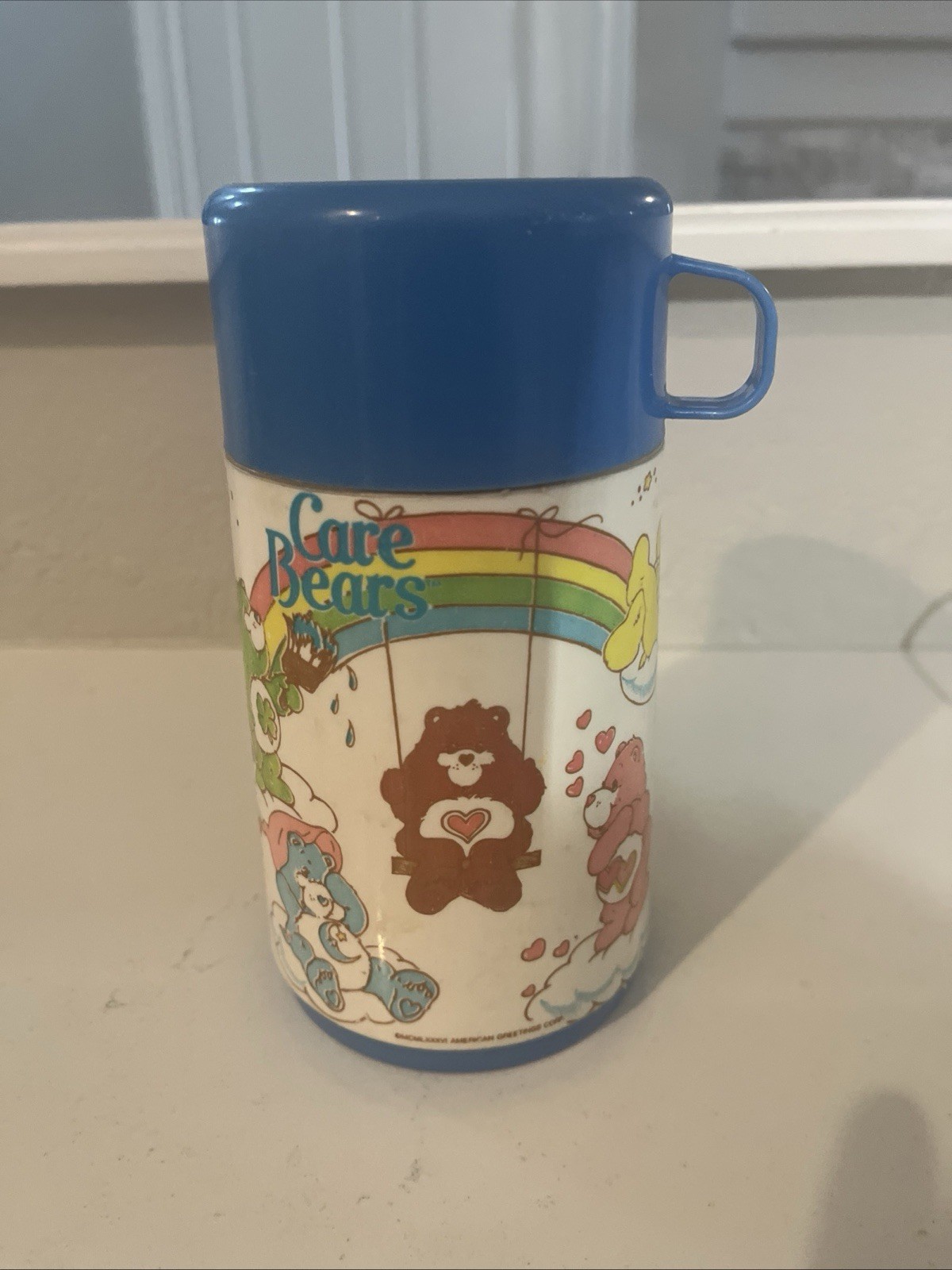 Vintage 1985 Aladdin Care Bears Thermos Complete w/ Cup Blue Lid