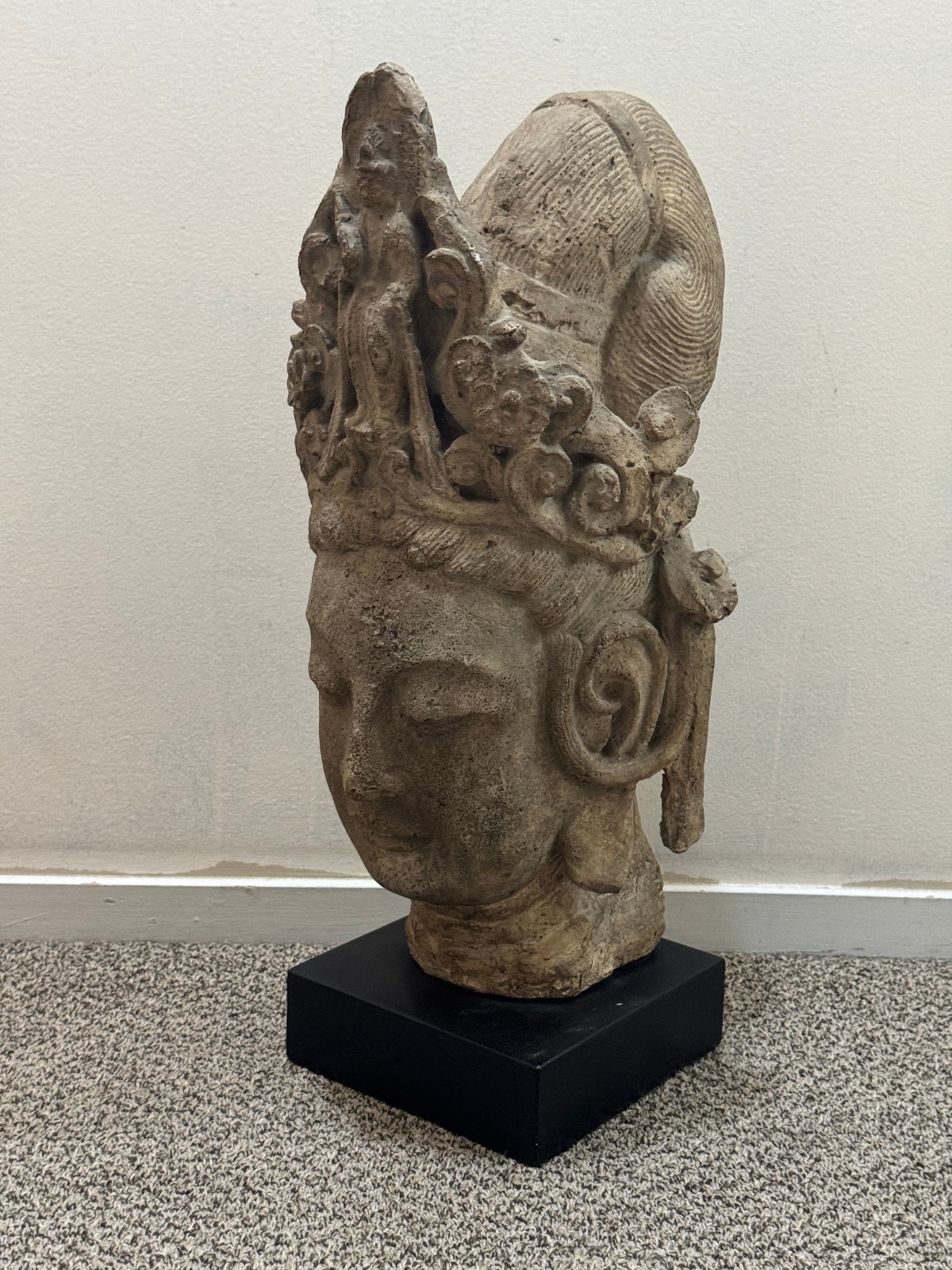 Large Stone Carved Kwan‑Yin Bodhisattva Head, Chinese Decorative Sculpture 21\'\'