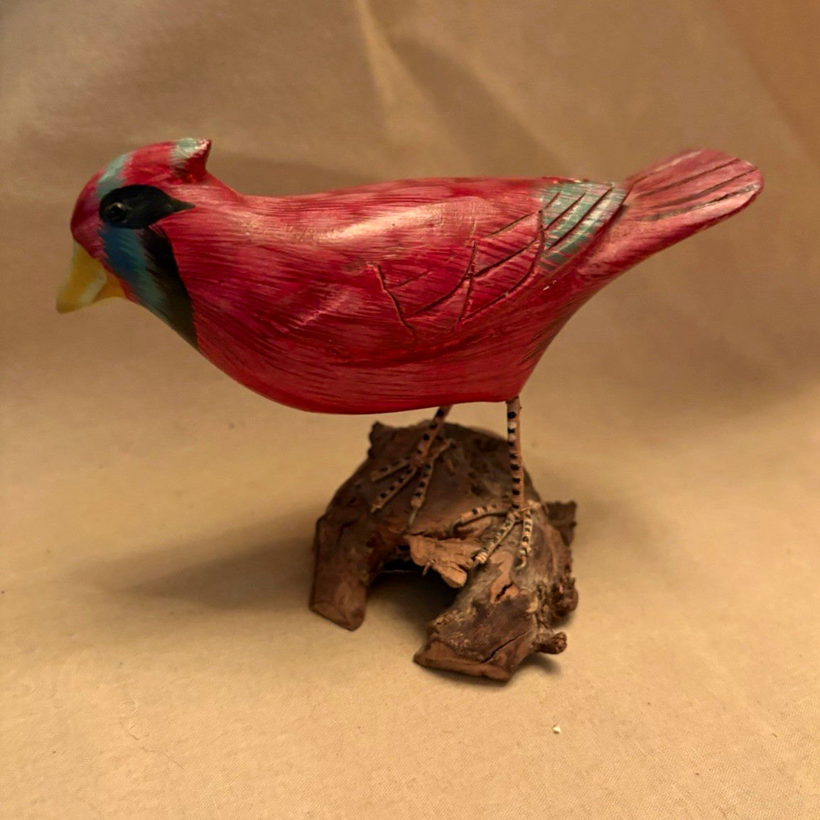 Carved Wood Cardinal Bird Figurine Statue on Wood-Look Base, Bird Decor