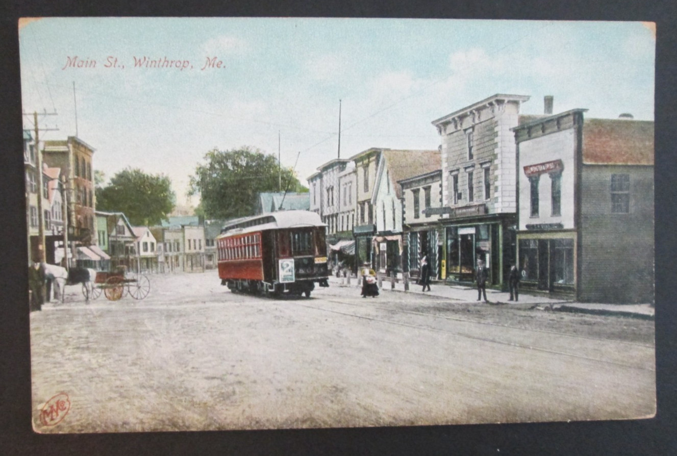 Main Street Showing Trolley Winthrop ME Unposted DB Postcard