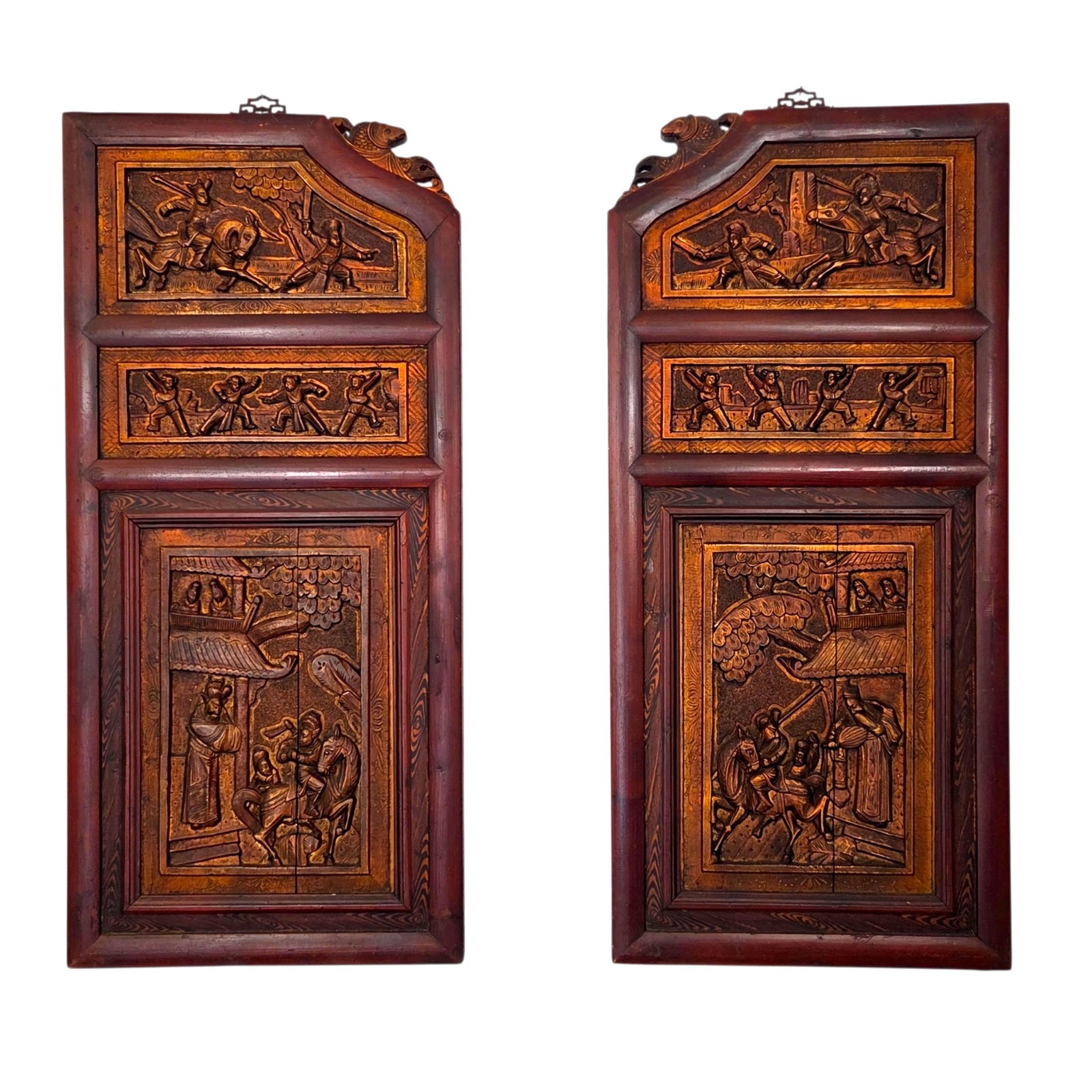 Pair Antique Chinese Carved Hardwood Architectural Panels Figural Relief 33