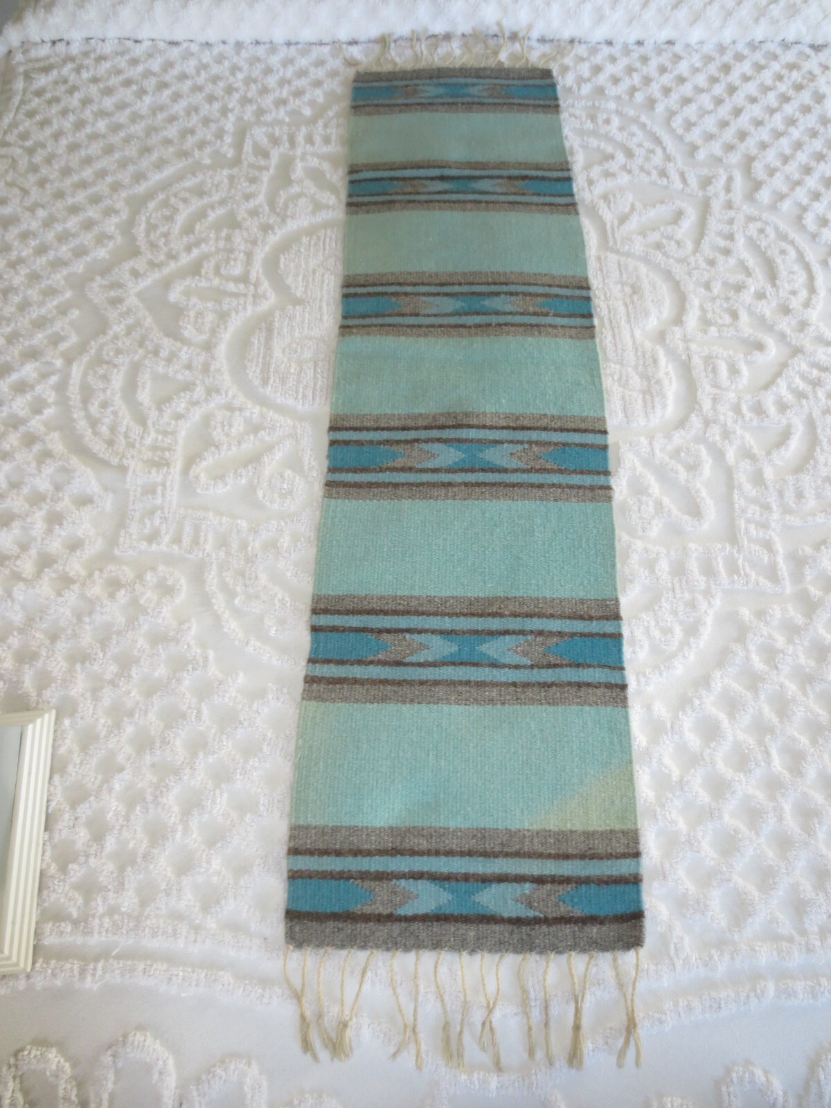 Vtg. SOUTHWEST TURQUOISE/GRAY Hand Woven/Breyer WOOL Fringed RUNNER - 13\