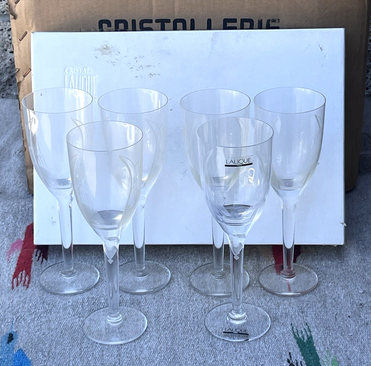 Lalique Ange Angel Wings Wine Champagne Crystal Glass Flute Set of 6 Glasses