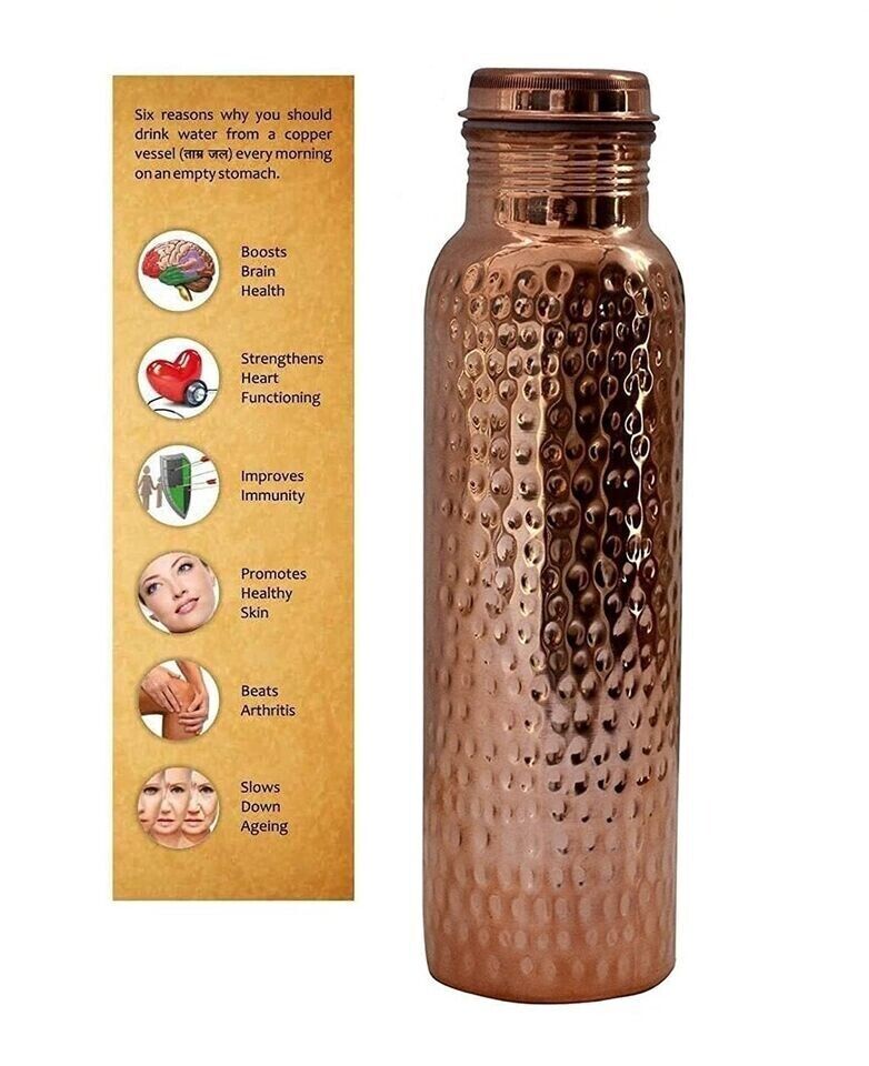 100% Pure Copper  Hammered Water Bottle For Ayurveda Health Benefits 1000ml