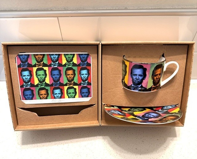 SIGNED Ron English Abraham Obama Ltd Ed Tea Cup Saucer Art Print Set 250