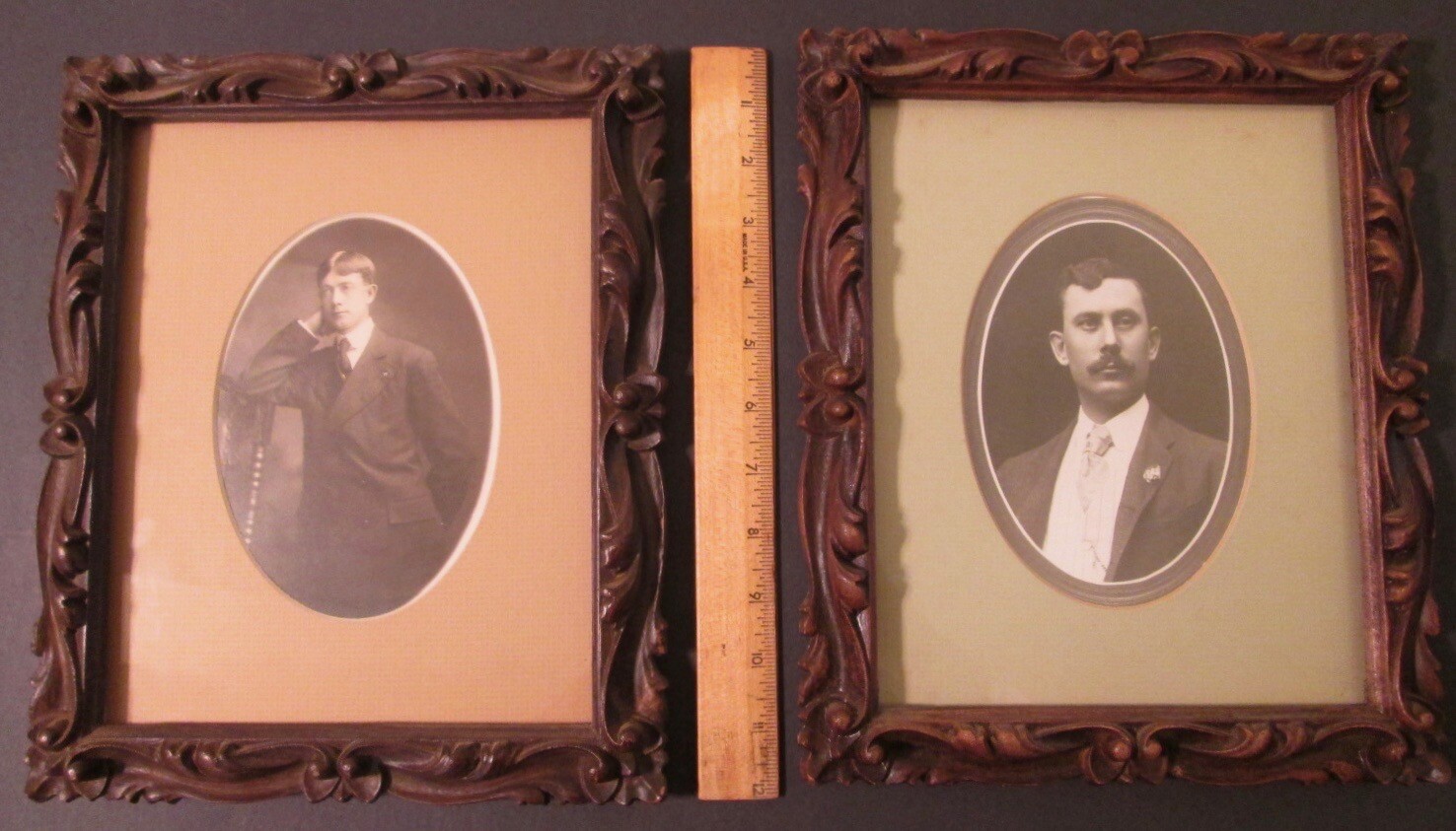 TWO MIDCENTURY SYROCO FAUX WOOD FRAMES with ANTIQUE PHOTOS ~ Instant Relatives