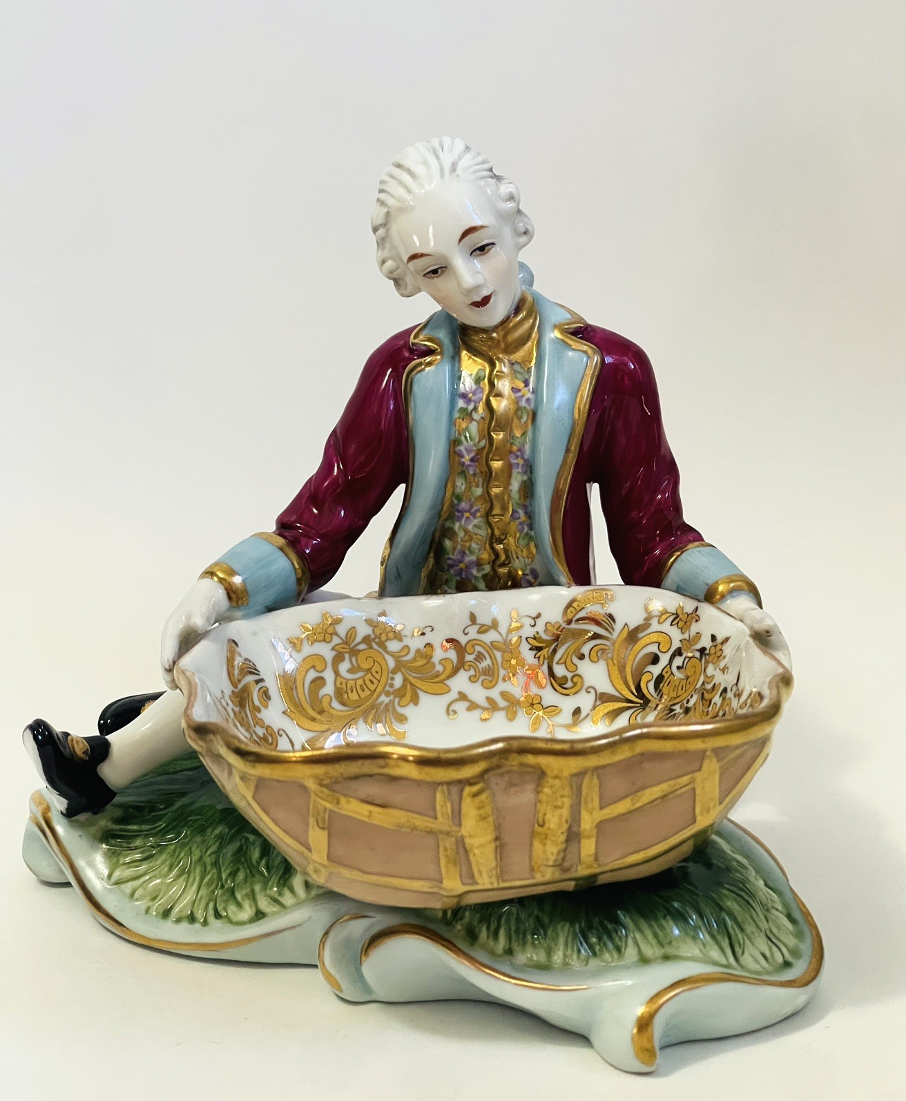 Rococo-style Porcelain Male Figurine Trinket Dish or Playing Card Holder 