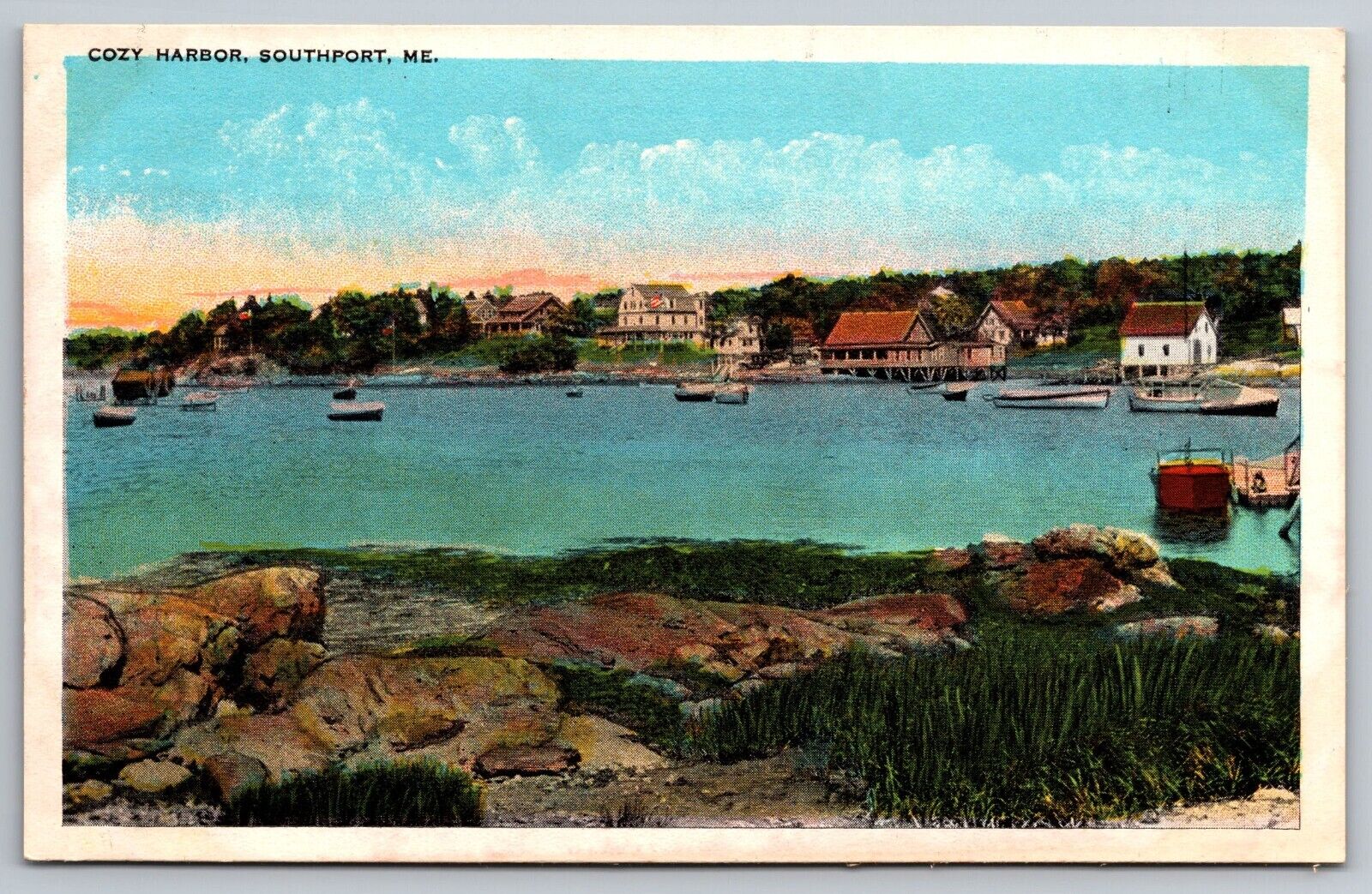 Cozy Harbor. Southport Maine. Vintage Postcard