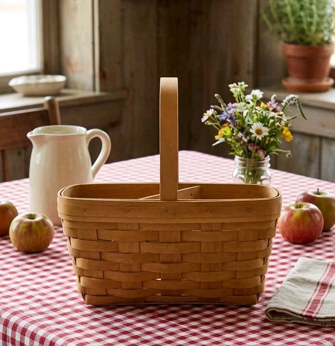 Vtg Longaberger Woven 1999 Basket W/Plastic Protector & Wooden Divider 10x6x4\