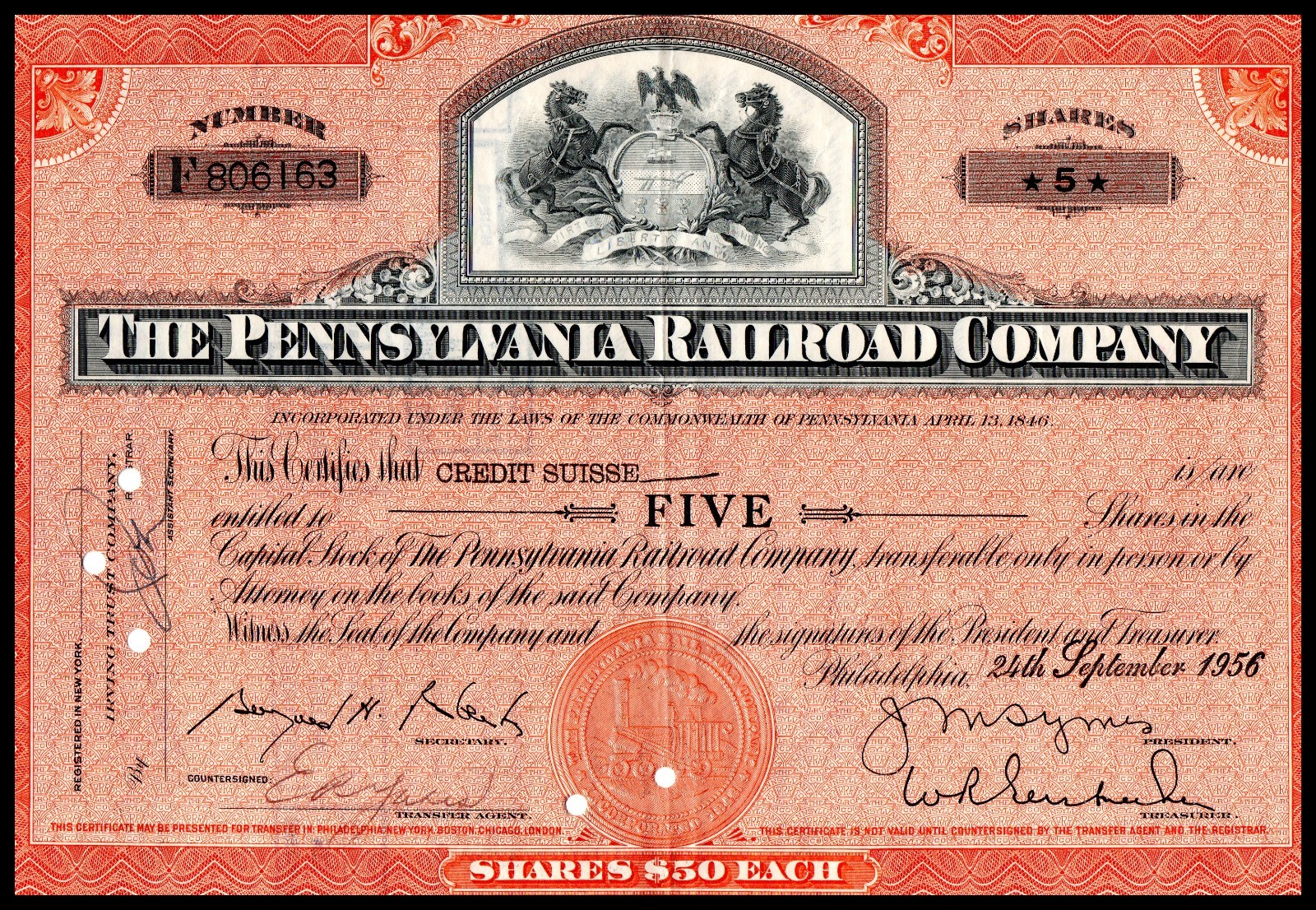 The Pennsylvania Railroad Company, Capital Stock Certificate 5 Shares ($50 Each)