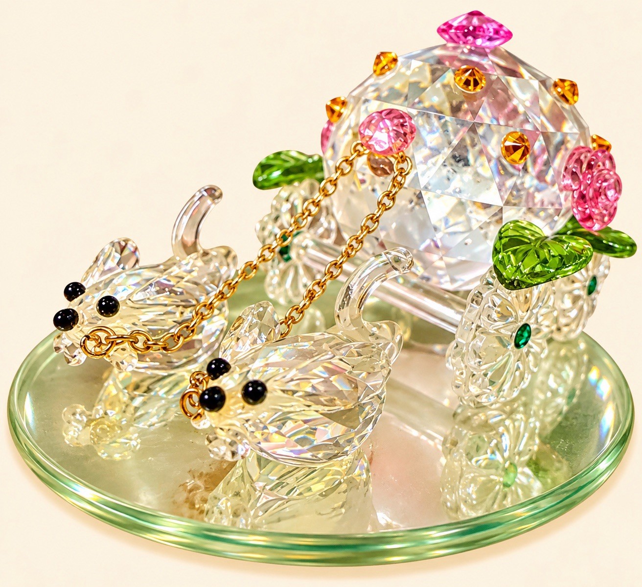 Vintage Crystal World Cinderella Pumpkin Carriage Mice Pink Crystal Mirror Base
