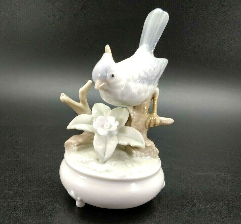 Porcelain Japan Music Box Blue Bird with Flower on Branch