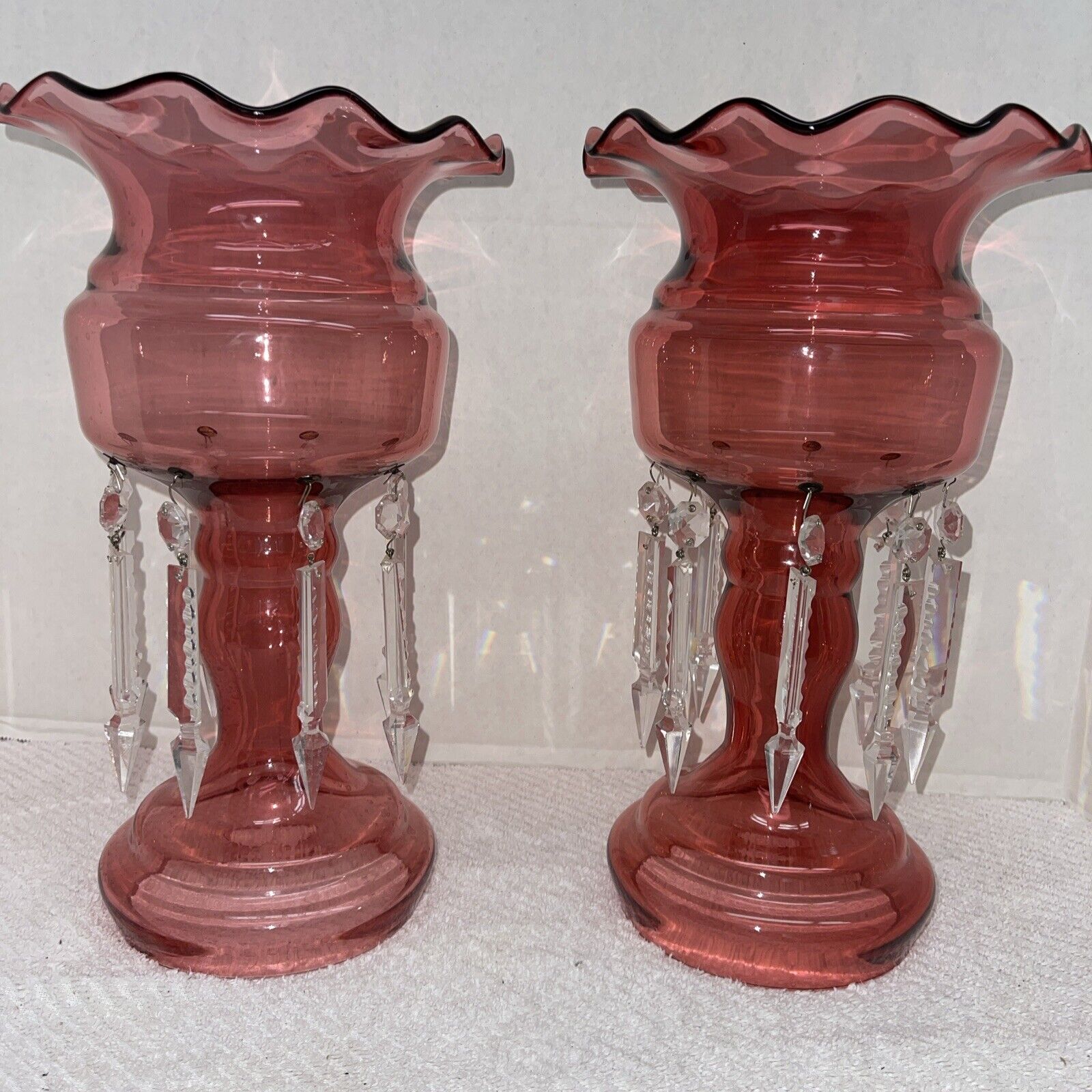 Vintage  Pair Cranberry Mantle Lusters Prisms Perfect Condition