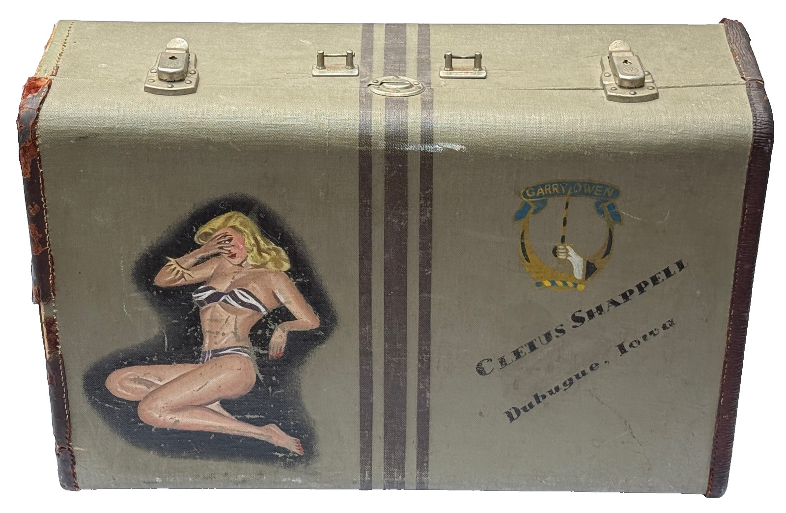 40s Vintage Pinup Painting, Blonde Bikini Girl on WWII Soldiers Suitcase, Signed
