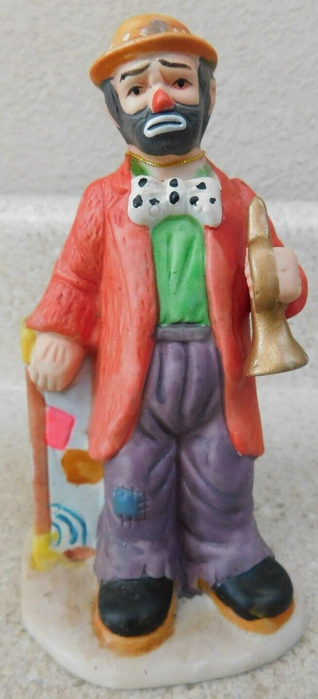 Flambro Emmett Kelley Jr Clown With Horn Suitcase Polka Dot Tie Figurine Hobo