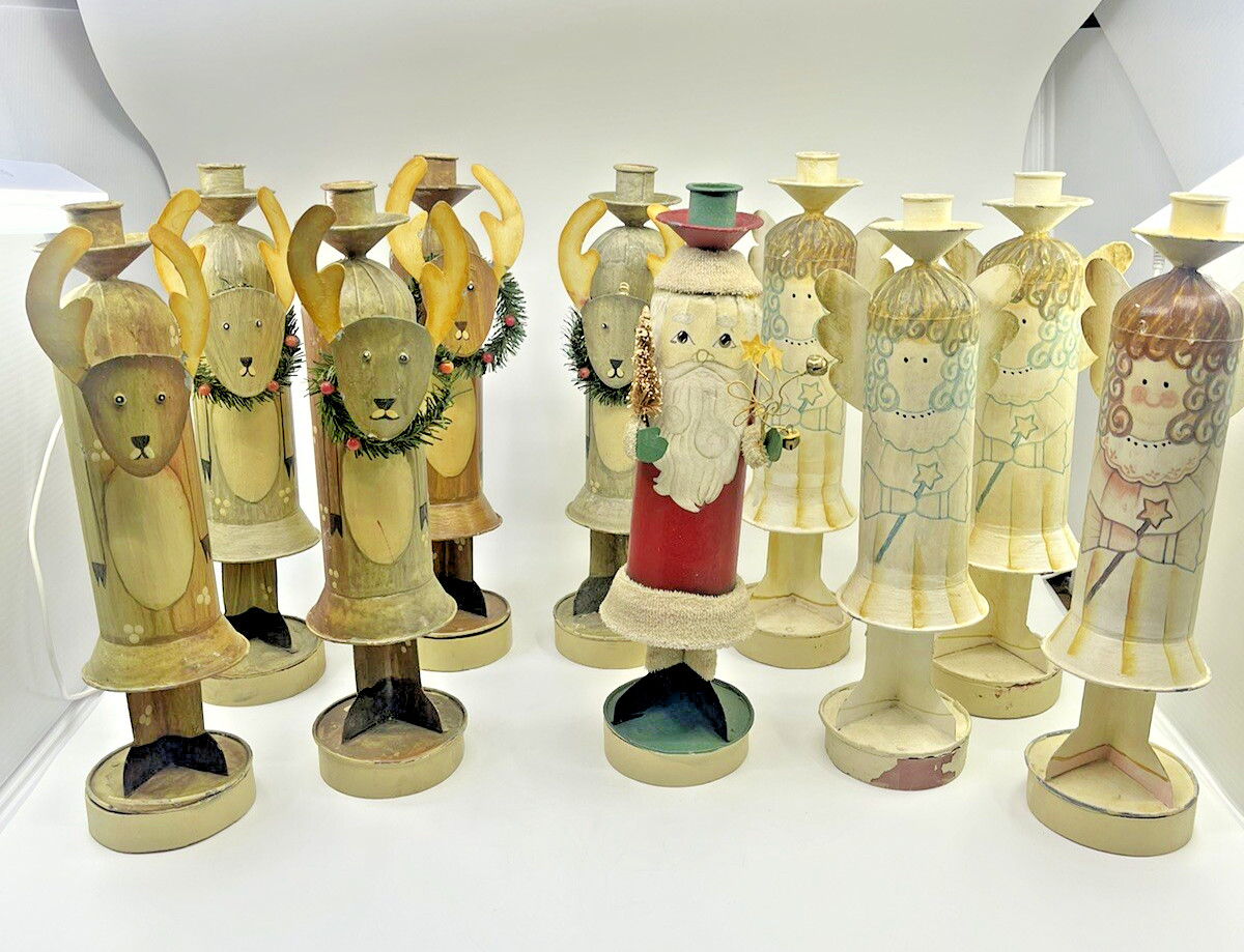 VTG Folk Art Metal Santa 5 Reindeers 4 Angels 1 Santa Christmas Candle Holders