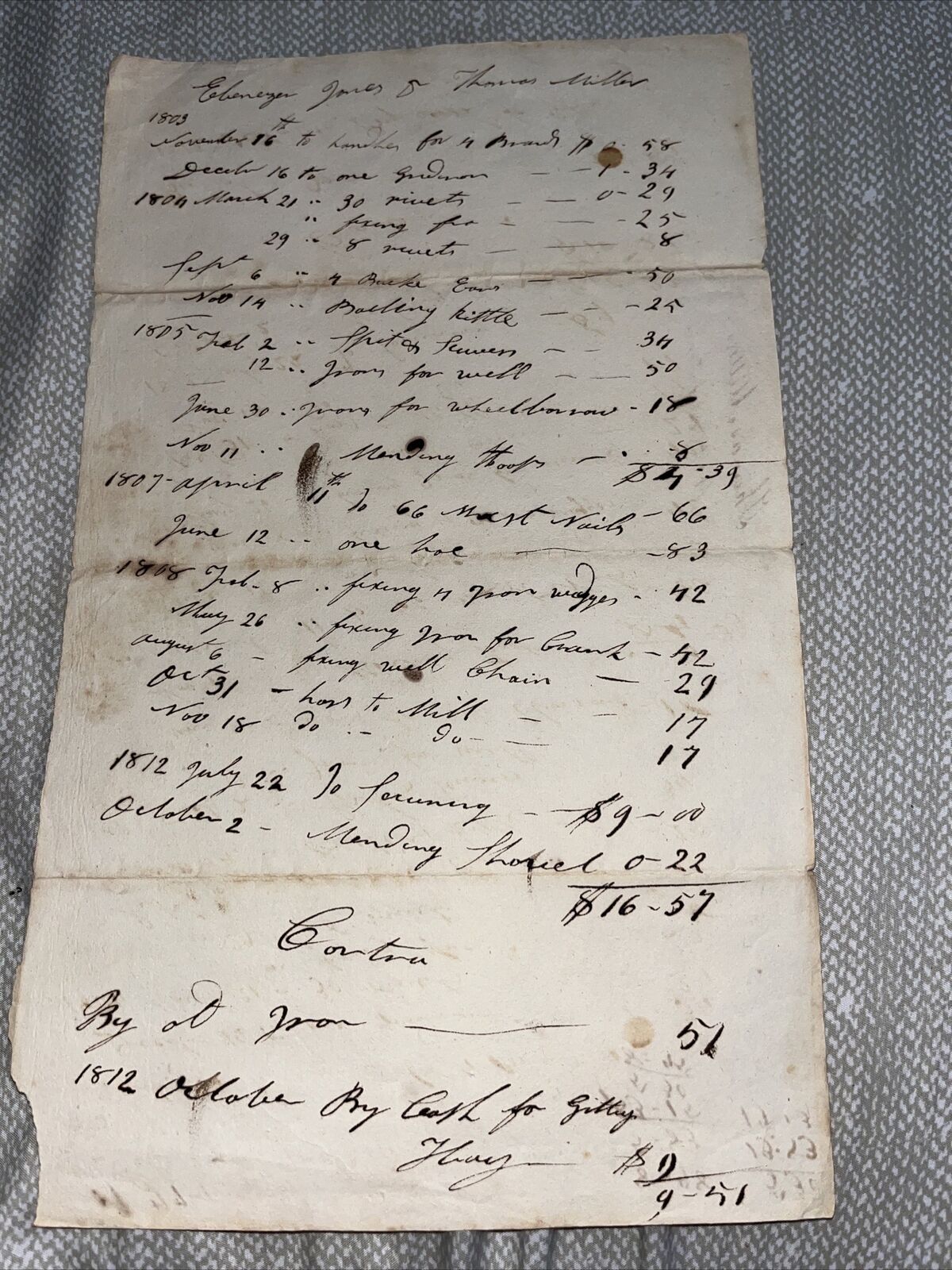 Antique 1803 - 1812 Contact / Ledger Between Ebenezer James & Thomas Miller
