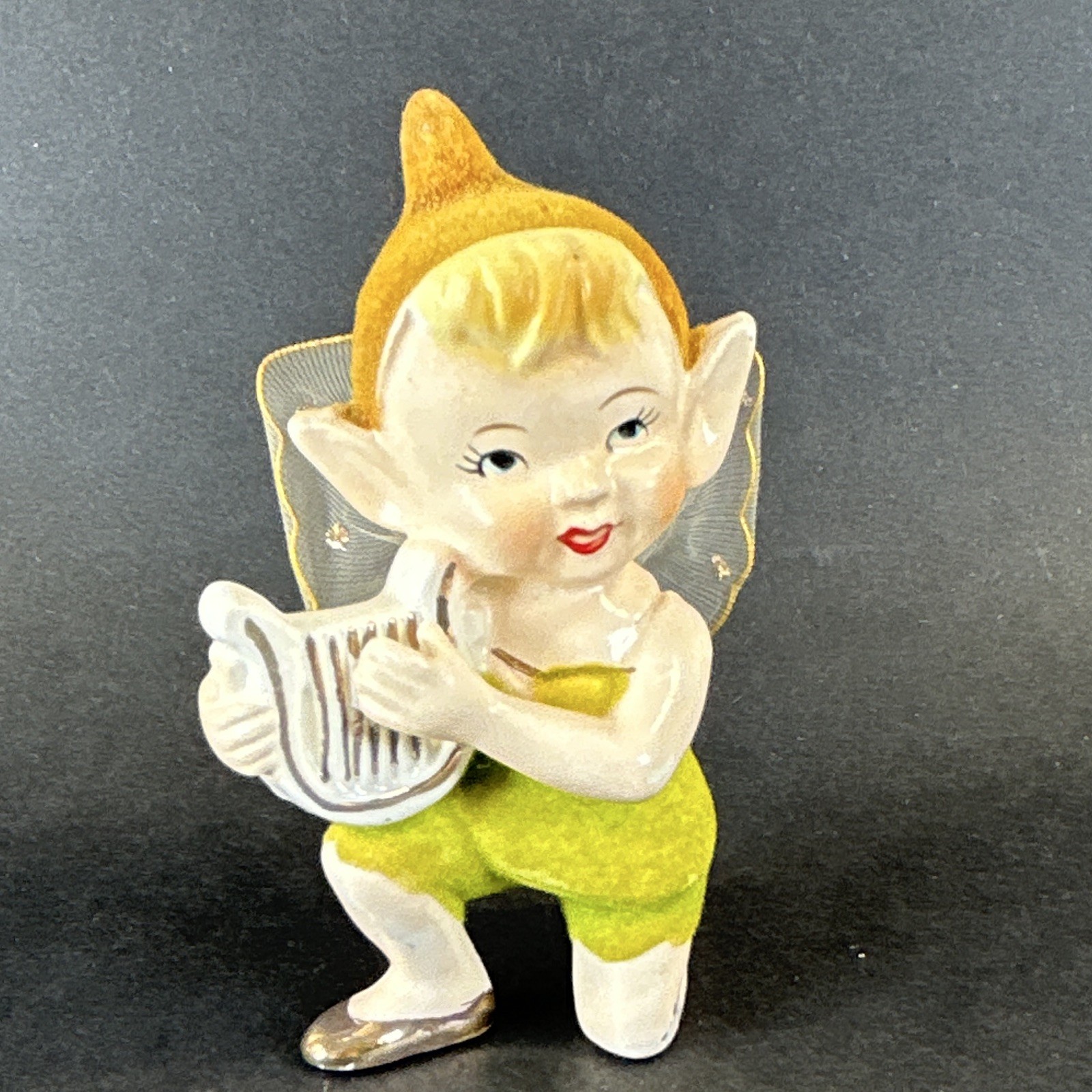 Vintage 1957 Ceramic Hand Painted Pixie Elf Figurine Lyre Harp Gold Hat