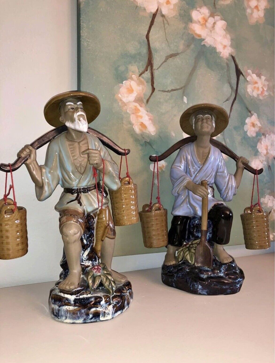 Shiwan Chinese Fisherman Farmer Couple Porcelain Statues, Pair Large 13”