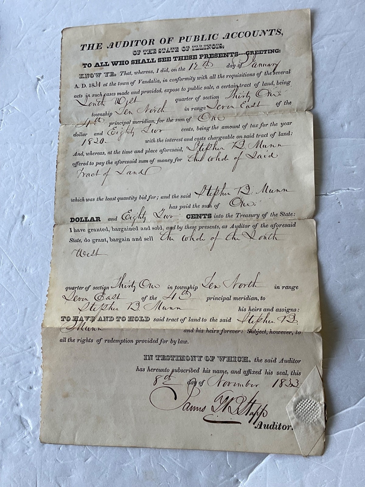 VANDALIA ILLINOIS LAND SALE NOTICE 1831 AUDITOR OF PUBLIC ACCOUNTS FORM PRINTED