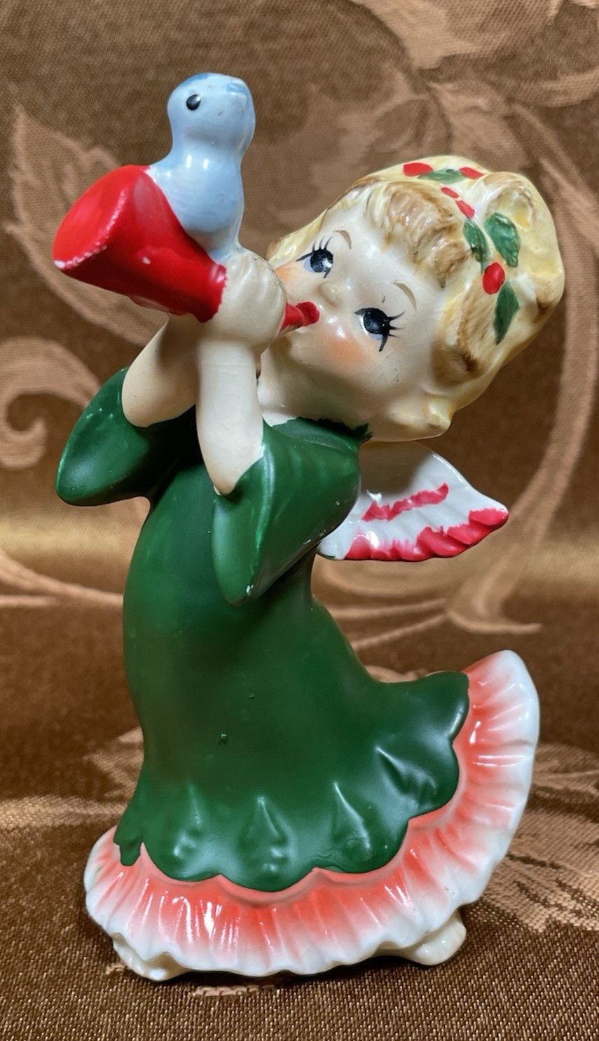 Lefton Christmas Angel Figurine Red Horn w/Bluebird 1950\'s Japan w/label #2453 Lefton Christmas Angel Figurine Red Horn w/Bluebird 1950\'s Japan w/label #2453