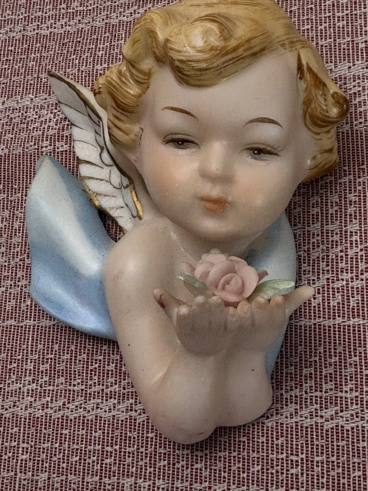 Vtg Norcrest China Porcelain Bisque Cherub Angel Wall Hanging Blue Ceramic A Vtg Norcrest China Porcelain Bisque Cherub Angel Wall Hanging Blue Ceramic A