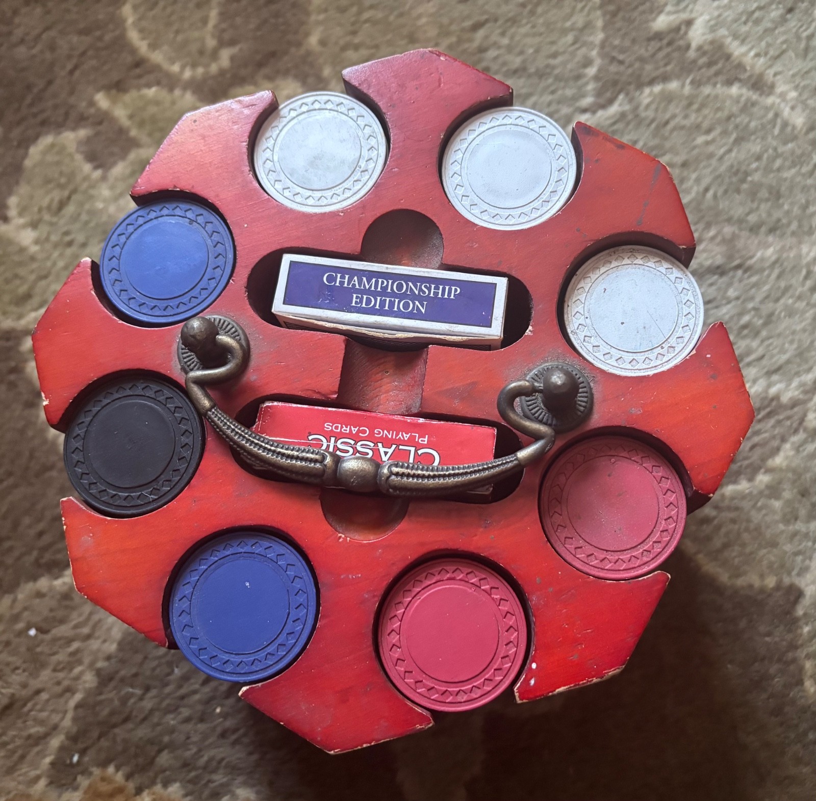1930s Vintage Poker Chip Set in Solid Wood Carousel w/Set of Clay Poker Chips