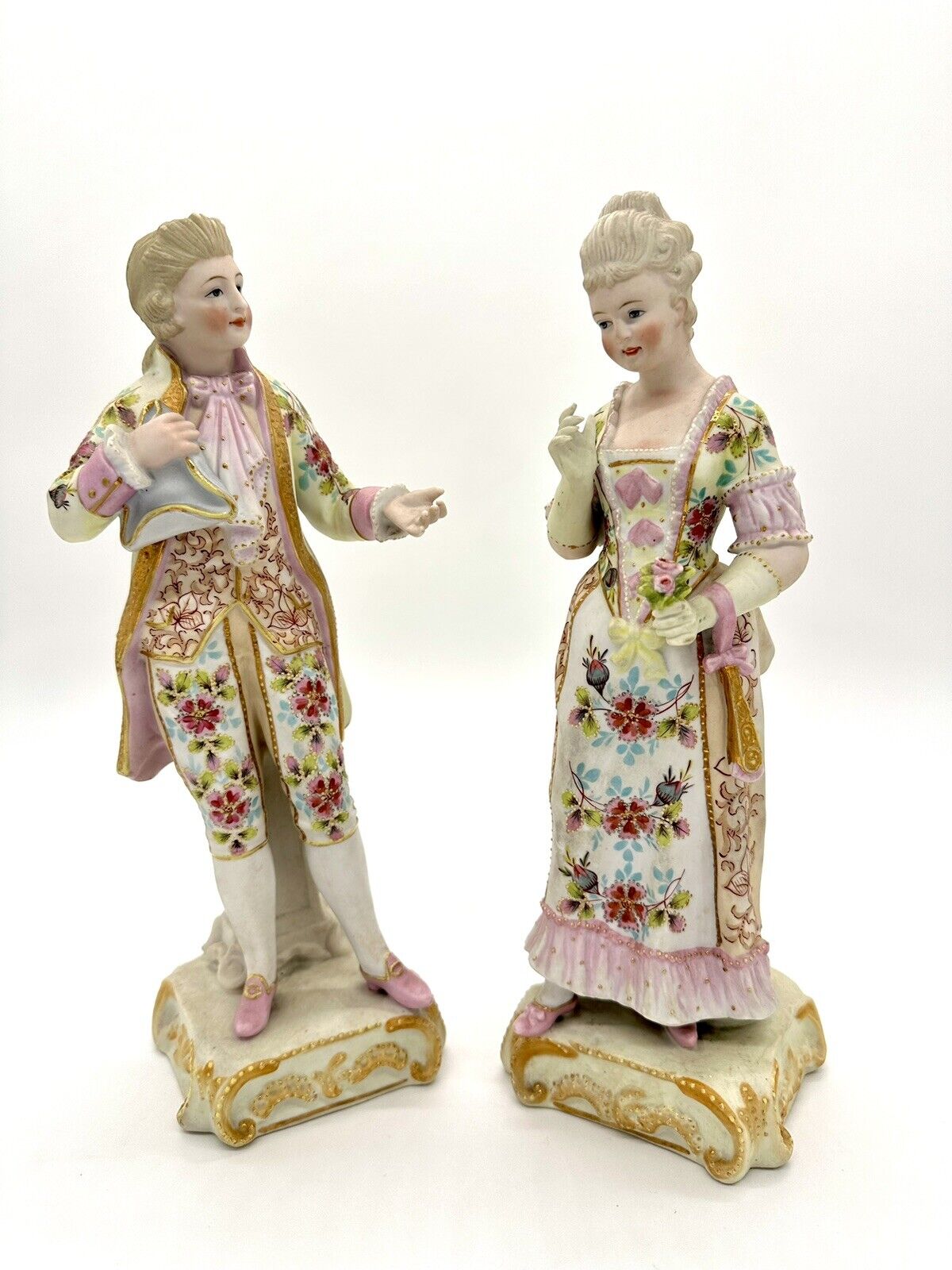 Antique Bisque porcelain pair European Couple figurines Gold Ornate 13” Large