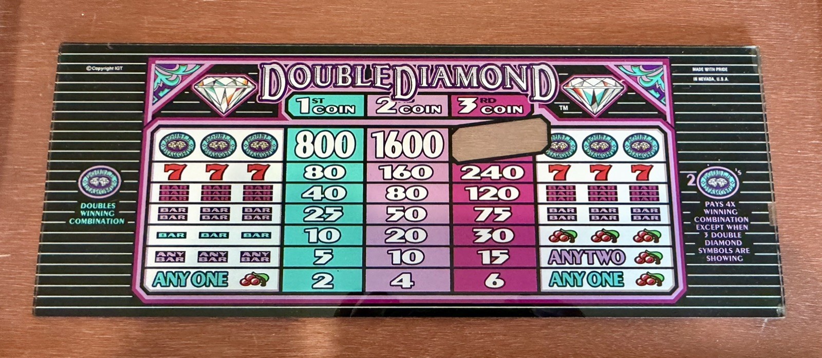 IGT Double Diamond 3-Coin Slot Machine Top Paytable Glass Panel Replacement