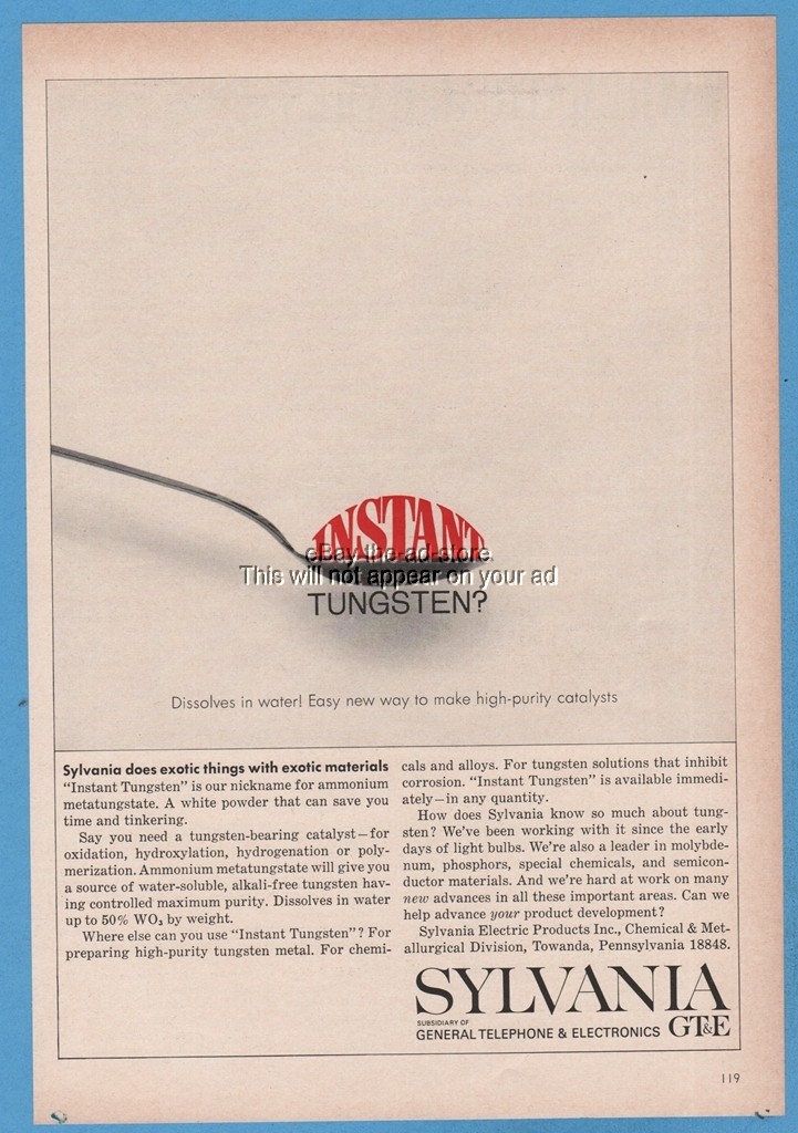 1965 Sylvania Chemical & Metallurgical Division Towanda PA Instant Tungsten ad