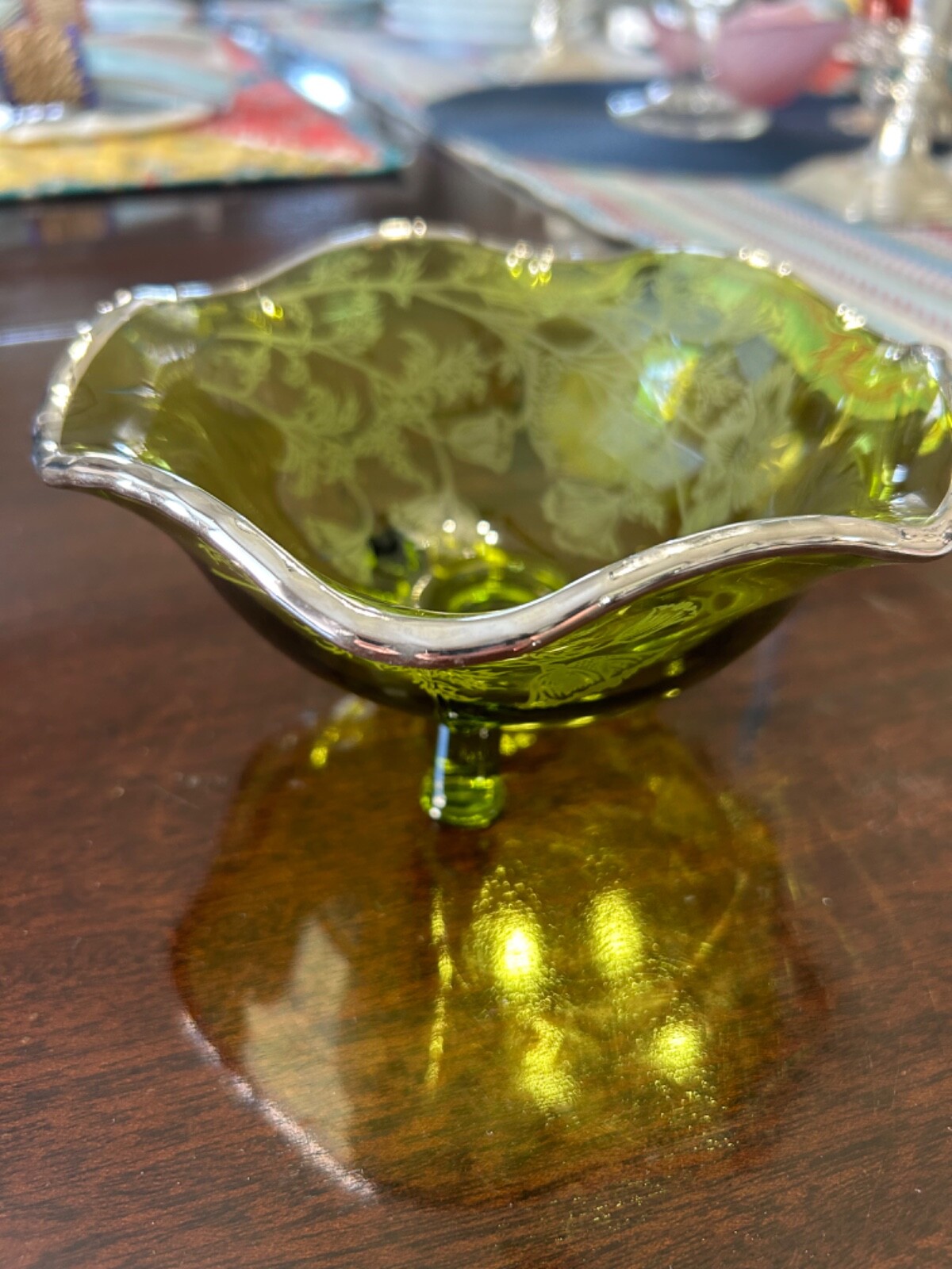 Vintage MCM Green Silver City Flanders Three Footed Glass Bowl 