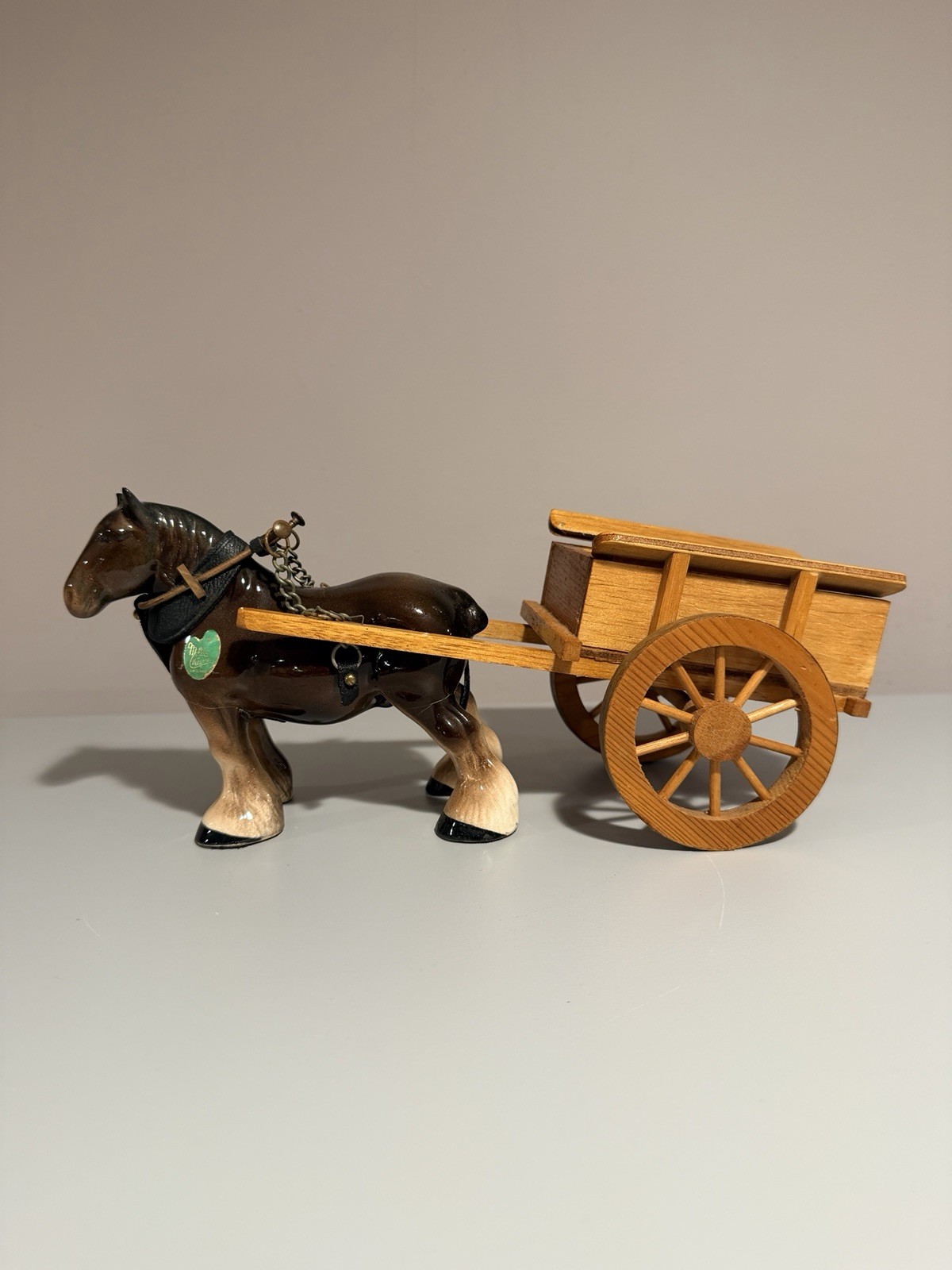 Vintage Melba Ware England Ceramic Shire Horse w Wooden Cart Figurine