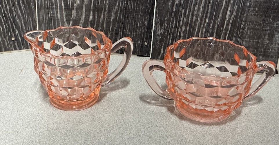 Vintage Jeannette Pink Cube Cubist Pattern Glass Creamer Dish & Cup