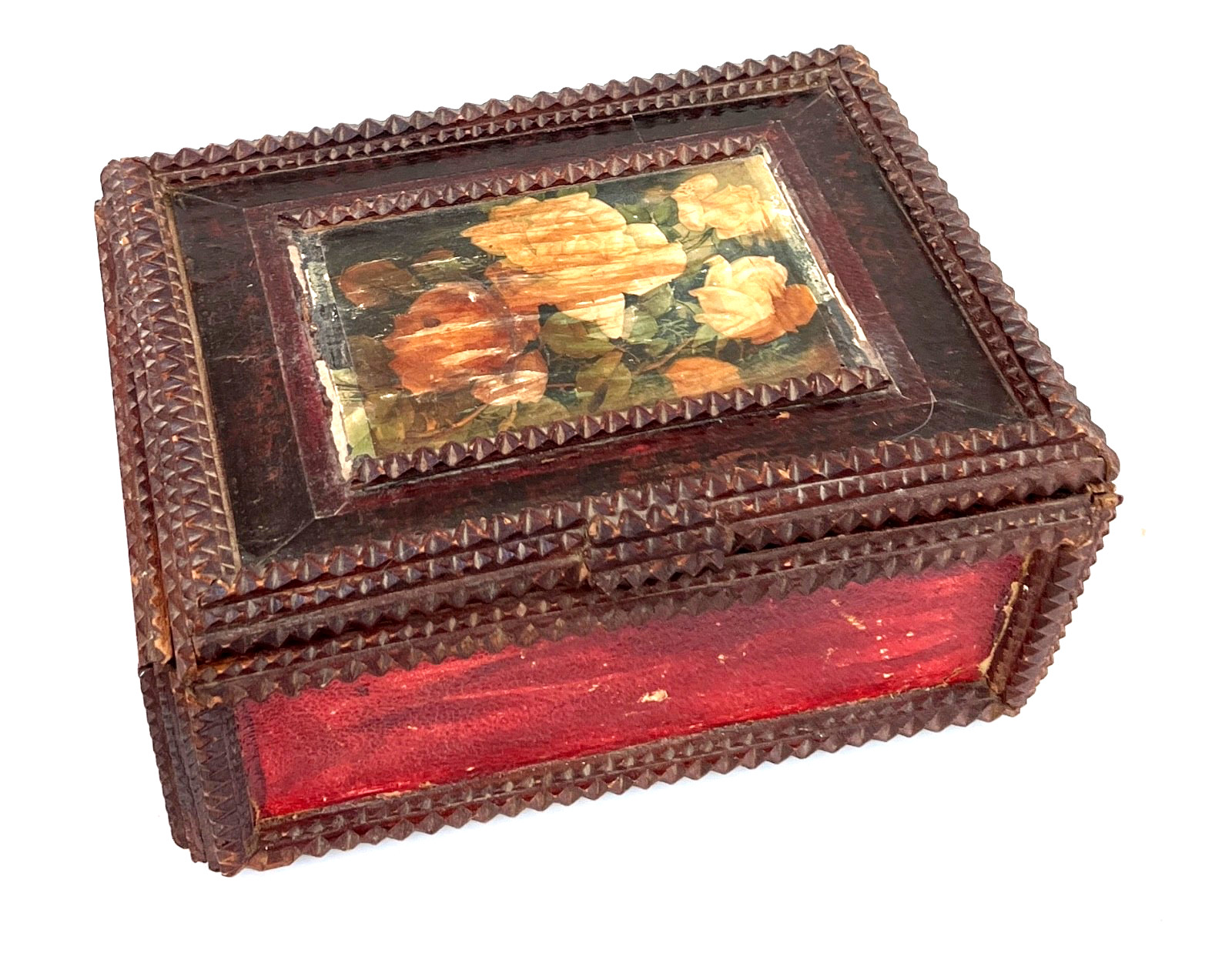 Tramp FolkArt Carved Wooden Box,  Red w/Floral Appliqué 9 3/4