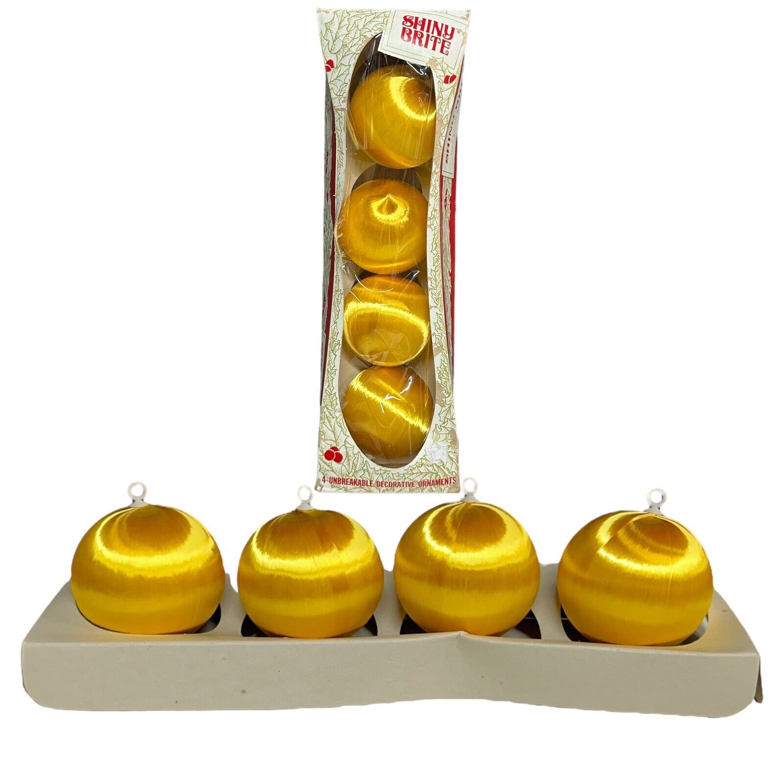 Shiny Brite Satin Spun SILK 3” Ornaments GOLD Orig Box SET OF 4 VTG Christmas