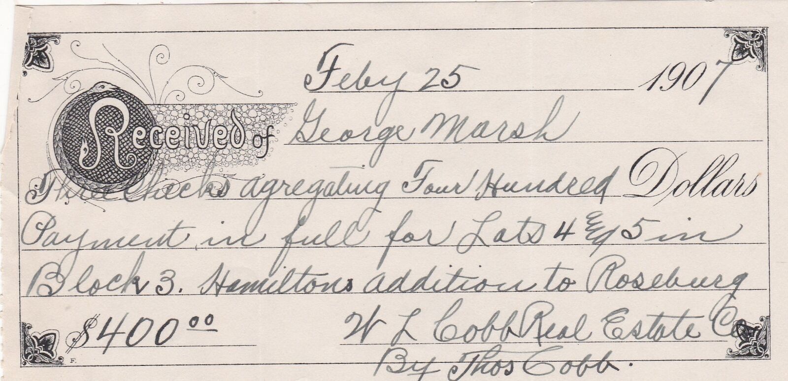 U.S. Recd George Marsh 1907 Lots Payment in Full Cobb Real Estate Receipt  42827