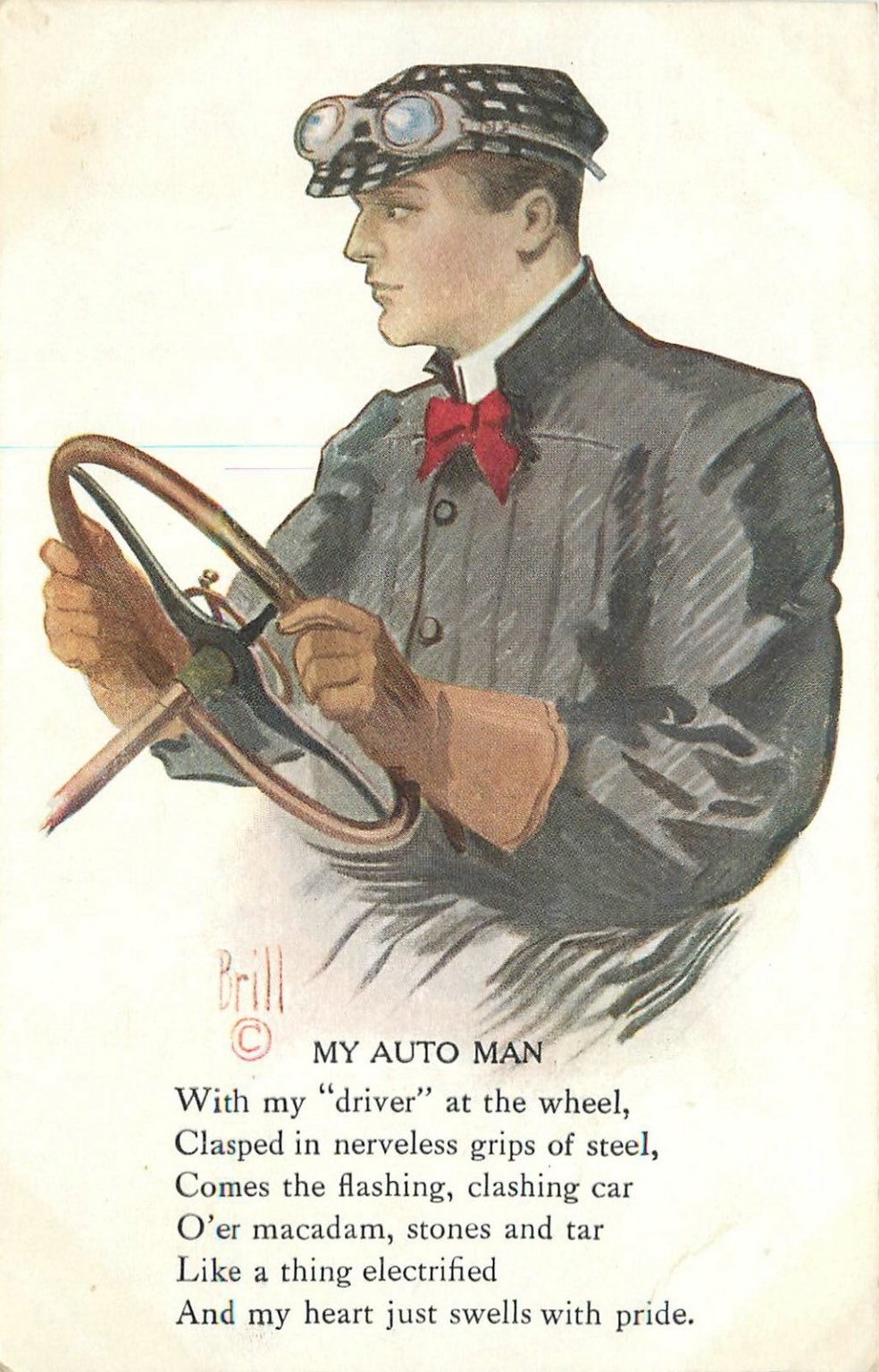 1911 My Auto Man Vintage Postcard - Motoring Driver Steampunk Goggles Art