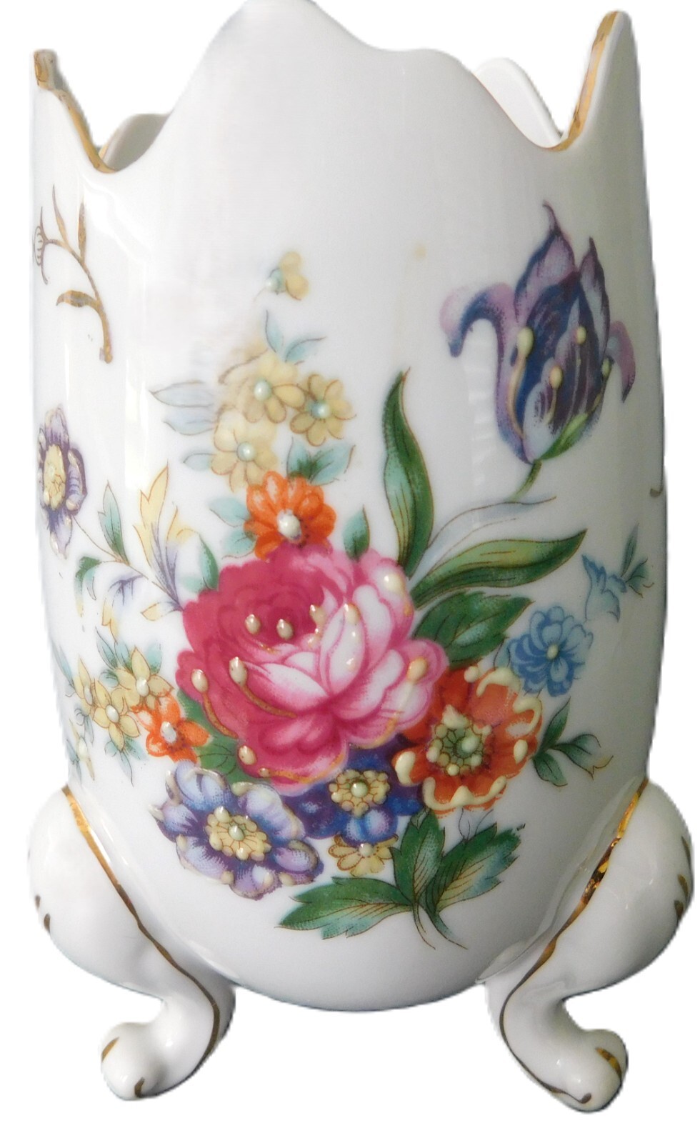 Beckwith Floral Egg-Shaped Vase Tri-Footed w/Gold Rim 6\