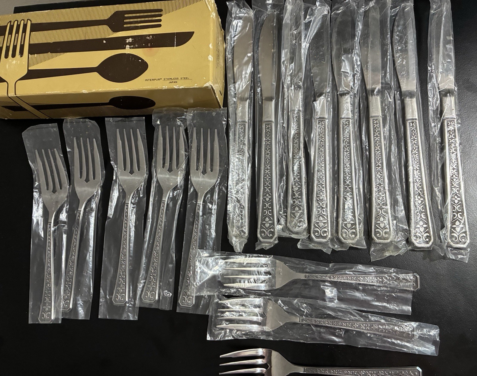 VTG MCM Japan Interpur FLORENZ Silverware 16pc 8 Knives 8 Salad Forks NEW w BOX