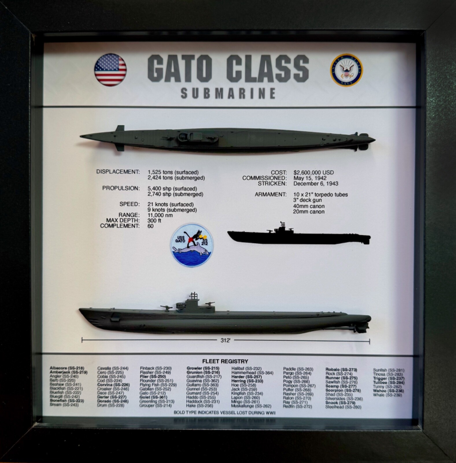 Gato Class Submarine Memorial Display Shadow Box, 9