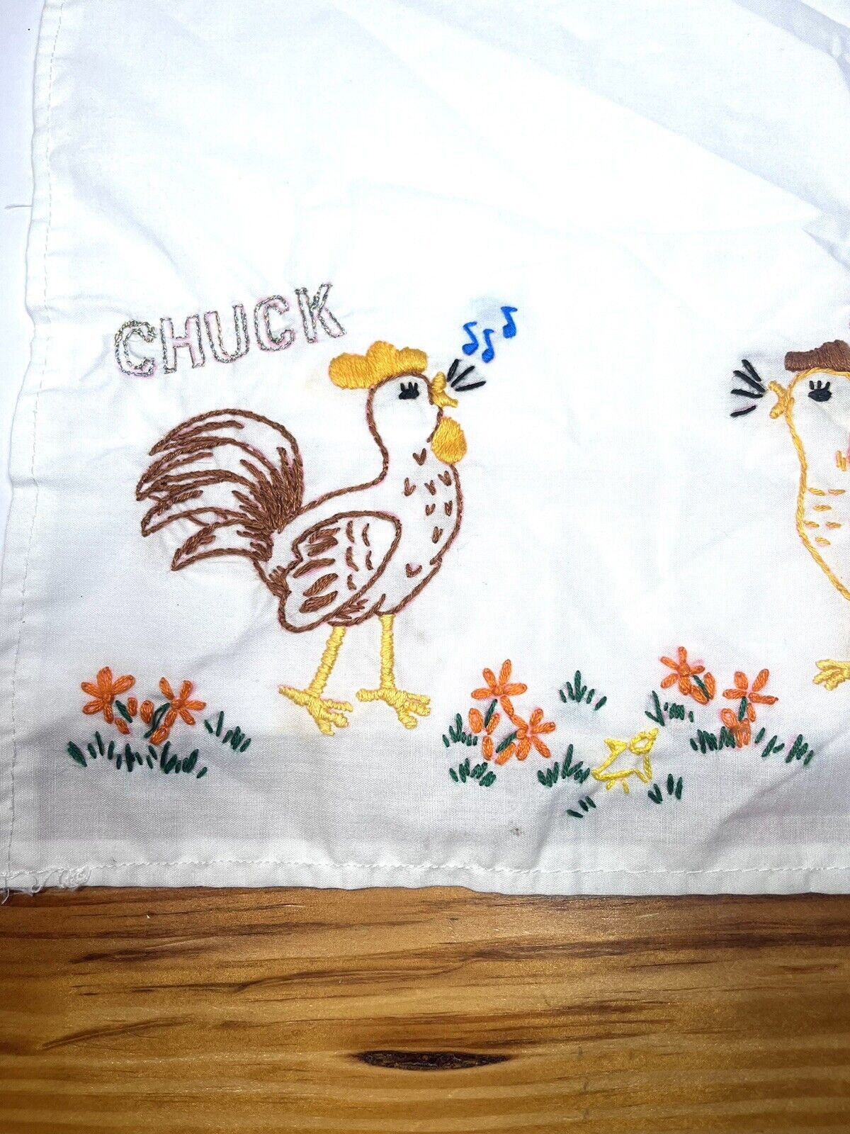 Vintage Small Hand Sewn Embroidery Table Runner- 1940s Farm House Chickens