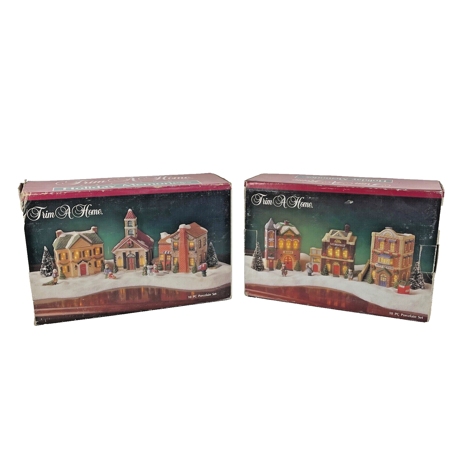 2 VTG Village Sets 1995 Trim a Home Holiday Memories Porcelain w Boxes EUC